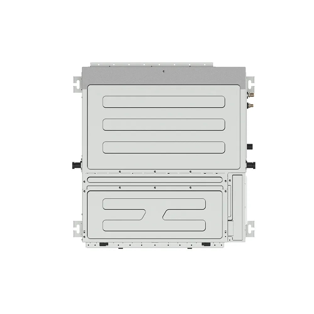 Ducted mini-split air handler indoor unit with front access panels, white metal housing.