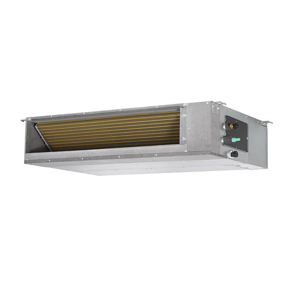 Ducted mini-split air handler with control panel ports on gray end and front vent coil