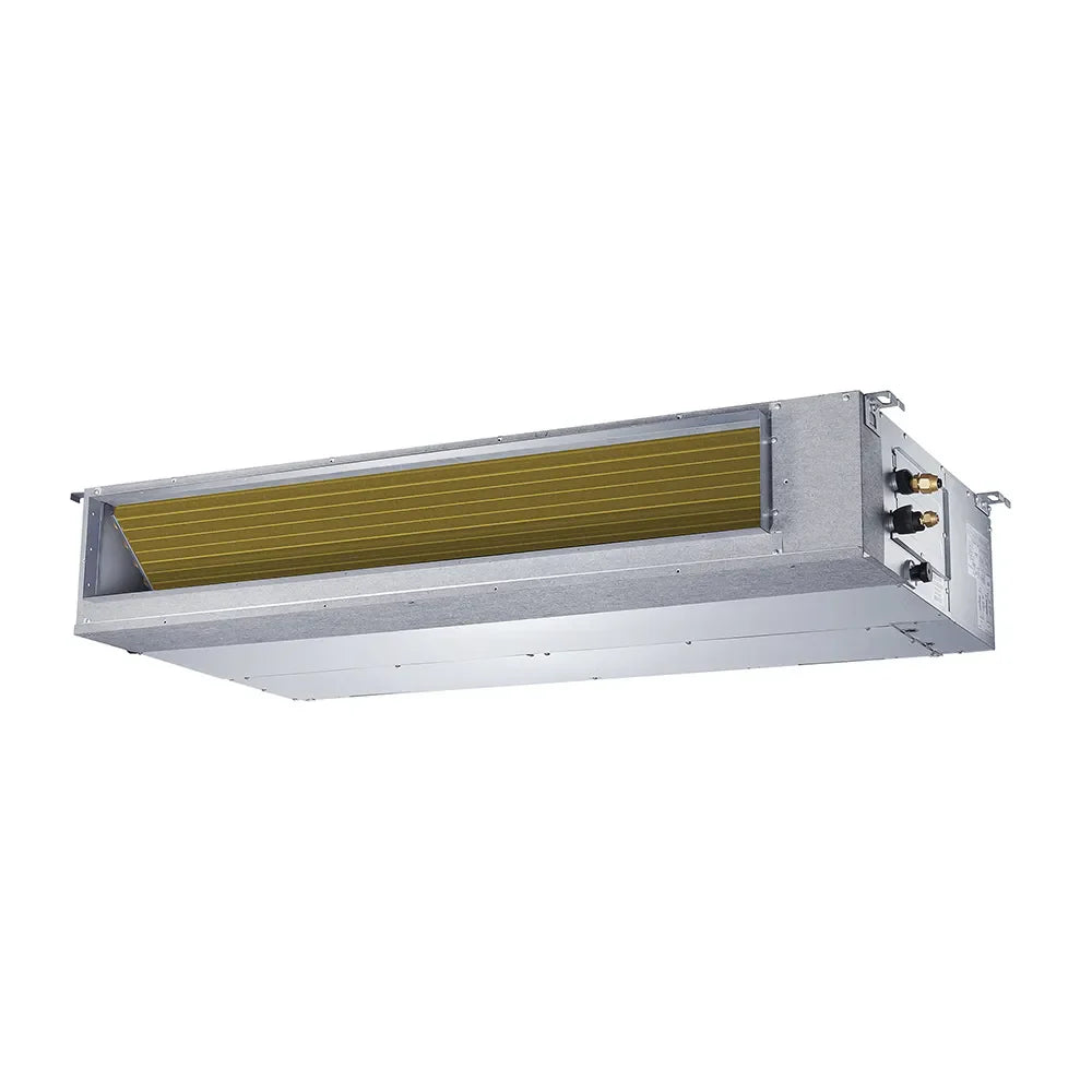 MRCOOL ducted air handler with gold fin coil and side connections, gray metal body.
