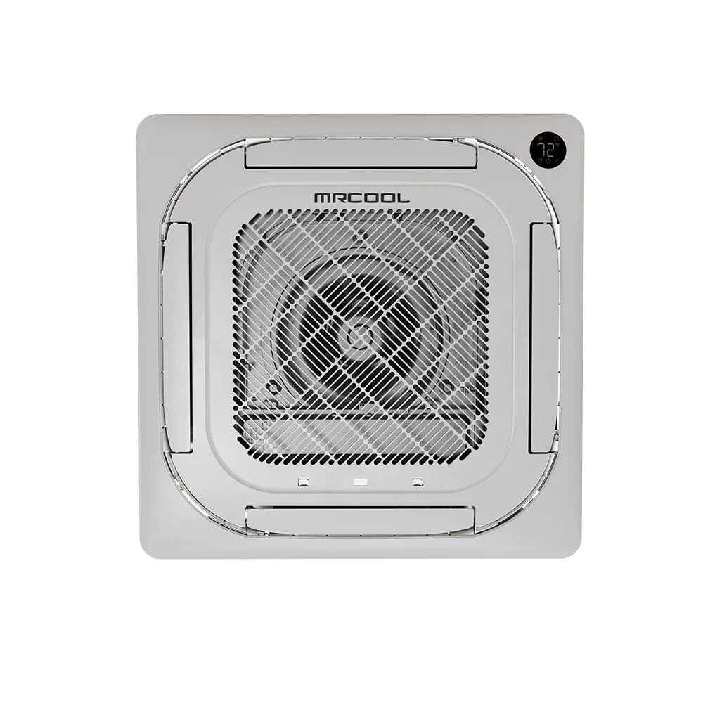 Ceiling cassette mini-split unit panel with front grille and MRCOOL logo, light gray