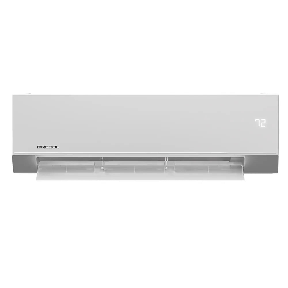 White ductless mini-split wall air handler showing front louvers and airflow grille