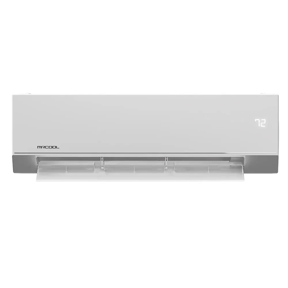 White wall-mounted mini split air handler with front vents and small display