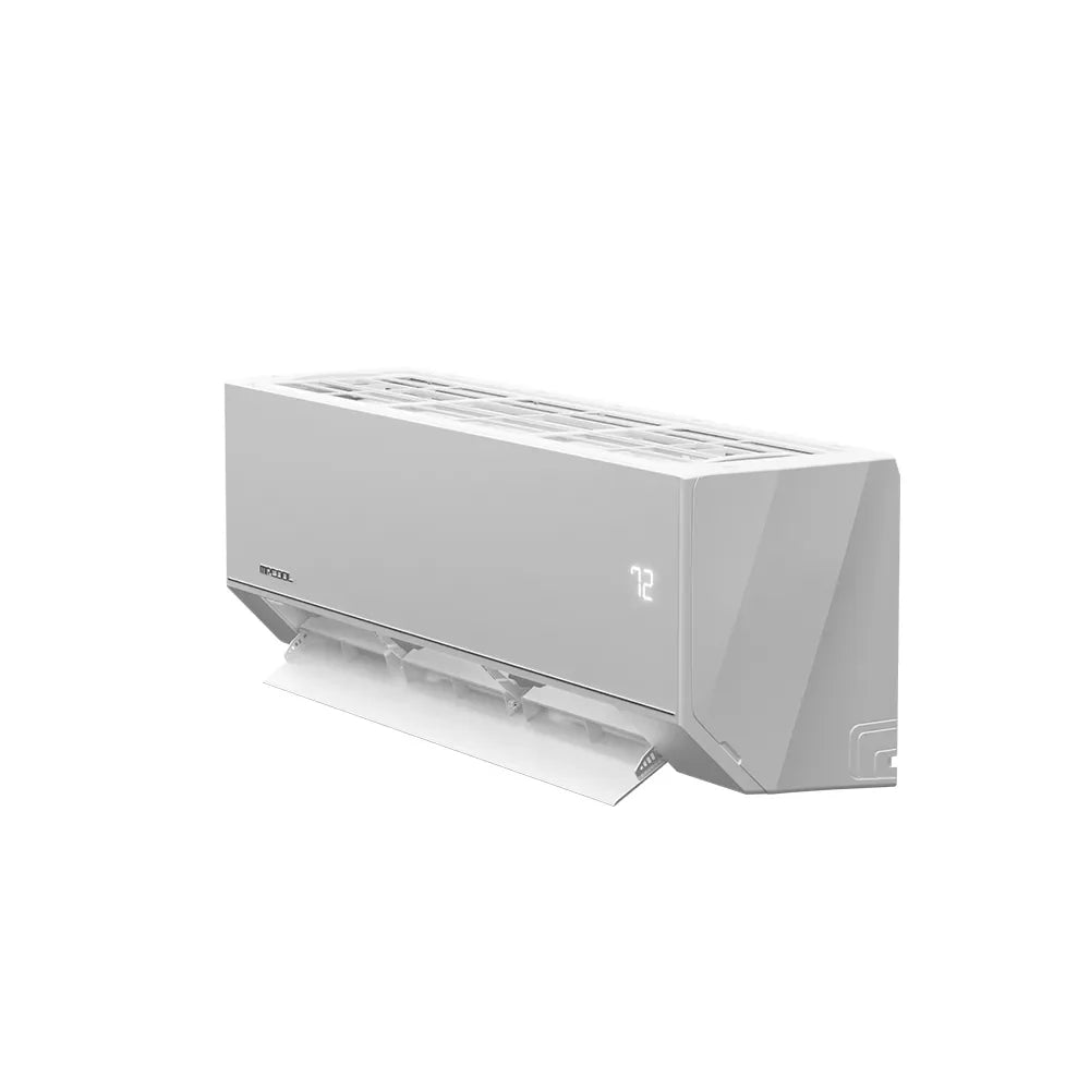 White wall-mounted mini split air handler with top grille and side connection area