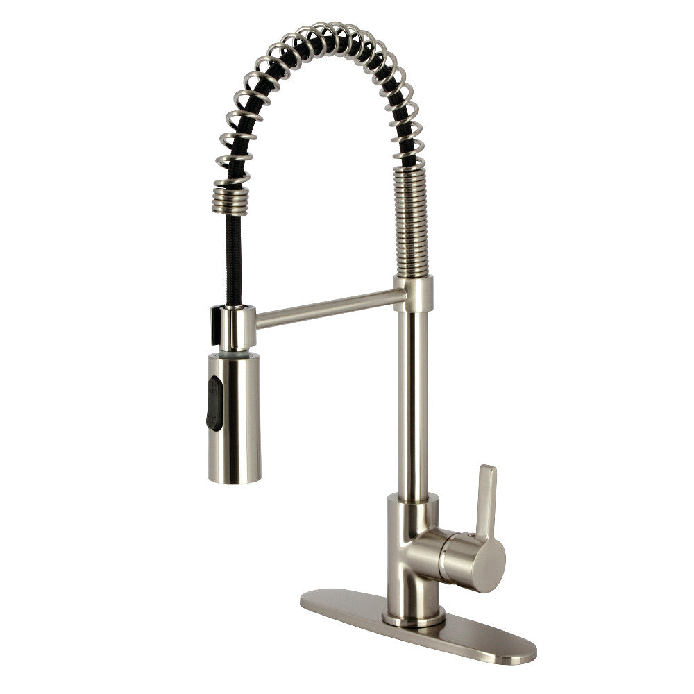 Brushed nickel deck-mount pre-rinse kitchen faucet with single handle and pull hose