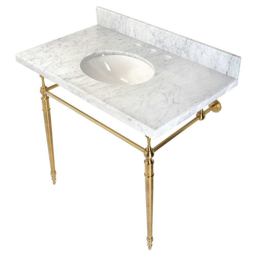 Carrara marble console sink with oval basin, brushed brass legs, 3-hole faucet.