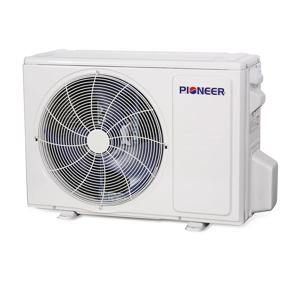 Pioneer ductless mini-split outdoor unit with fan grille and Pioneer logo