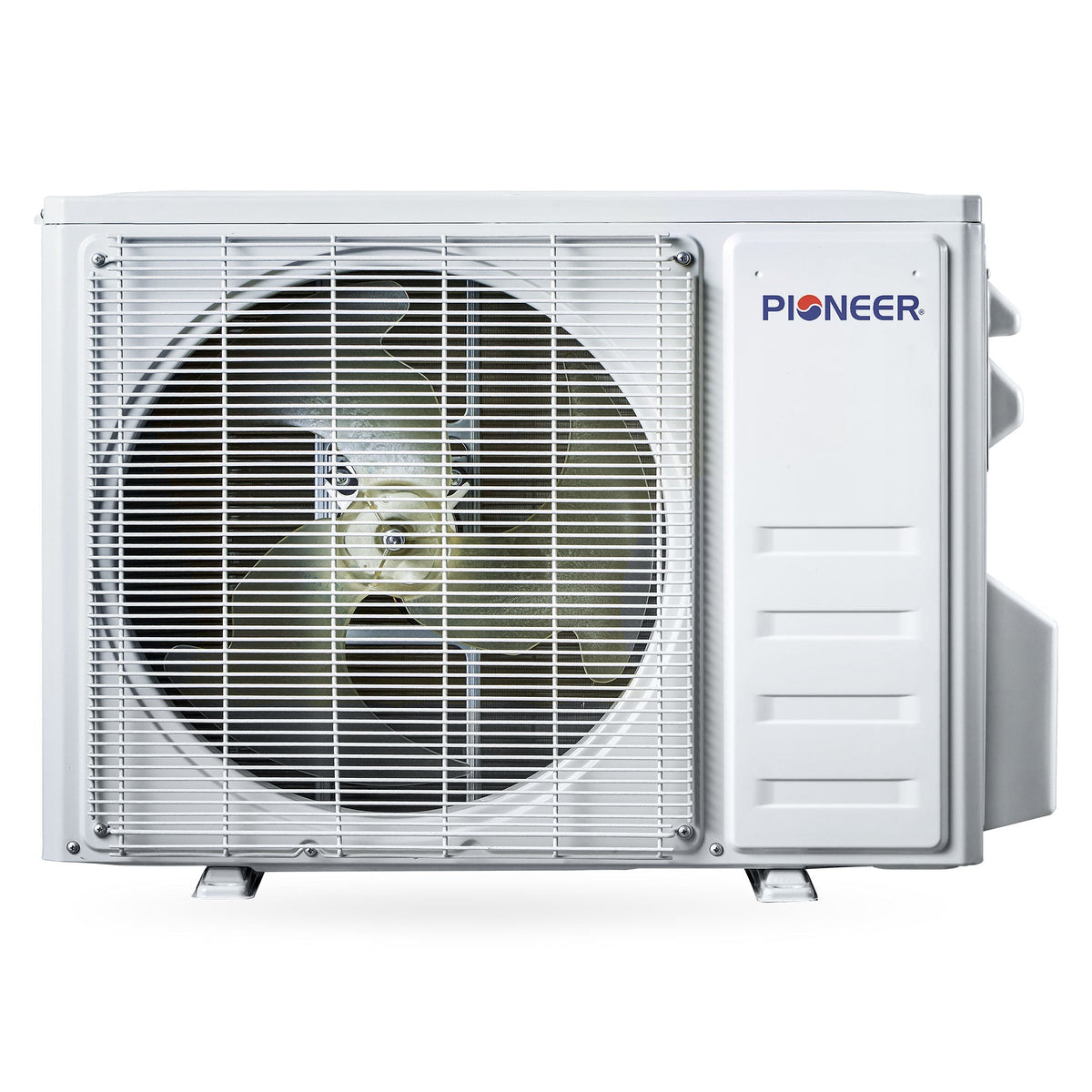 White outdoor condenser unit with Pioneer logo and fan grille