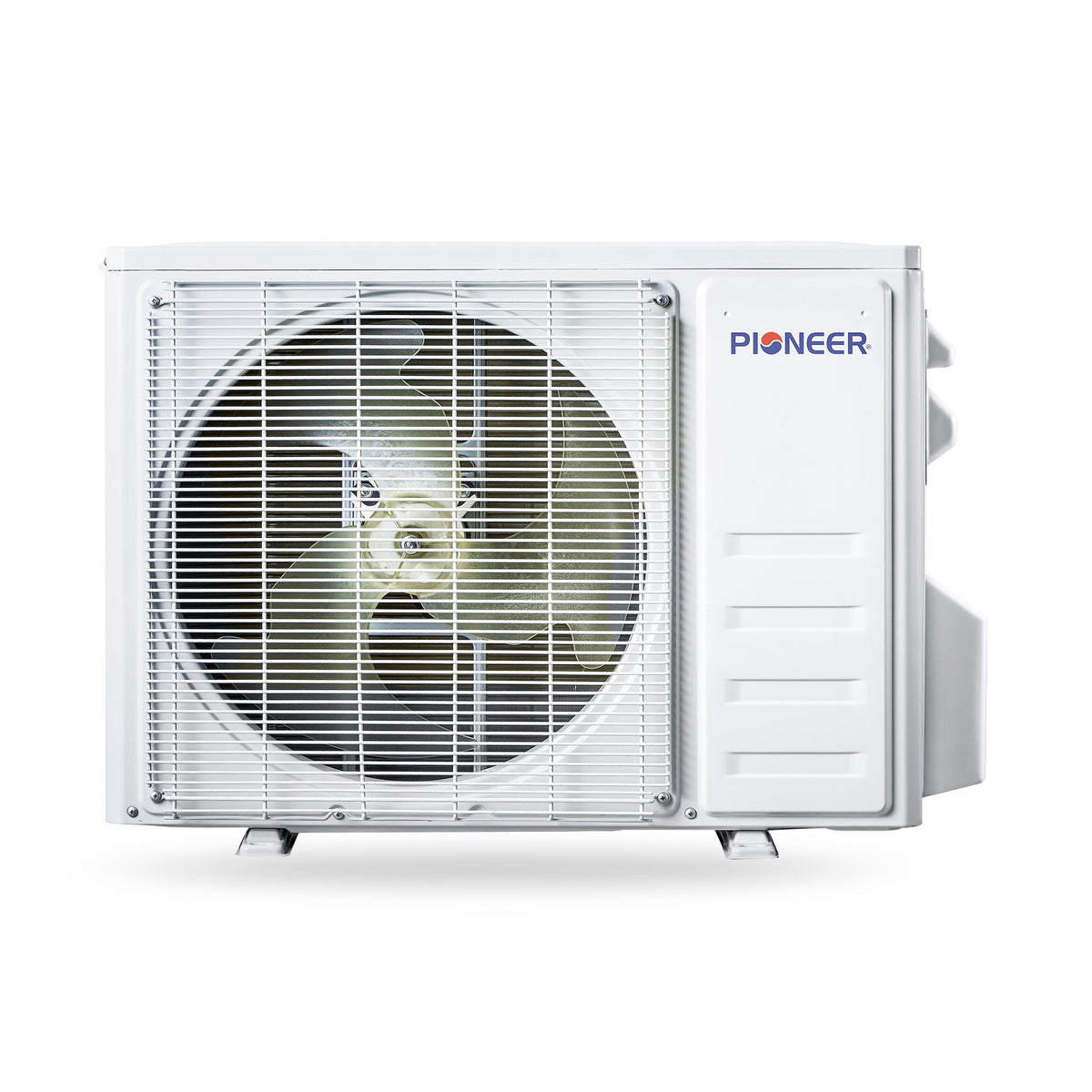 Outdoor mini-split condenser with fan grille and side service panel