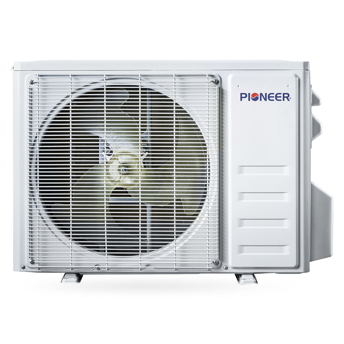 White outdoor condenser unit for ductless mini-split with front grille and side vents