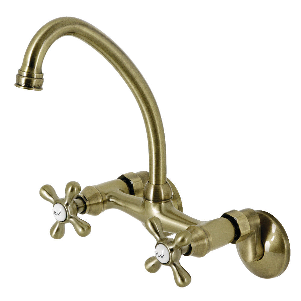 Antique brass wall-mount bridge kitchen faucet with two cross handles and curved spout