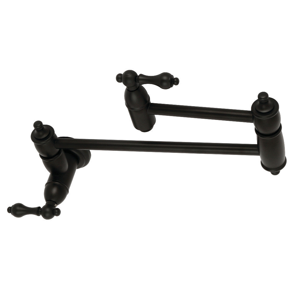 Matte black wall-mount pot filler faucet with two outlet arms and cross handles