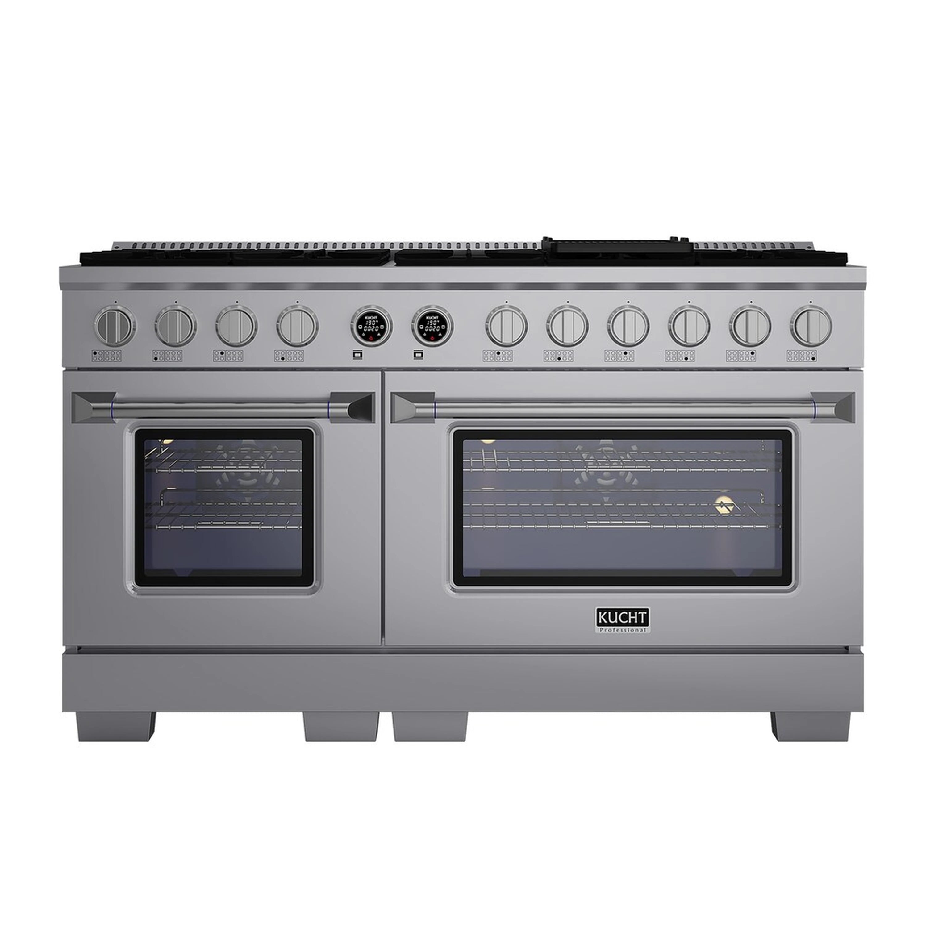Stainless steel dual fuel range with two oven windows and row of burner knobs