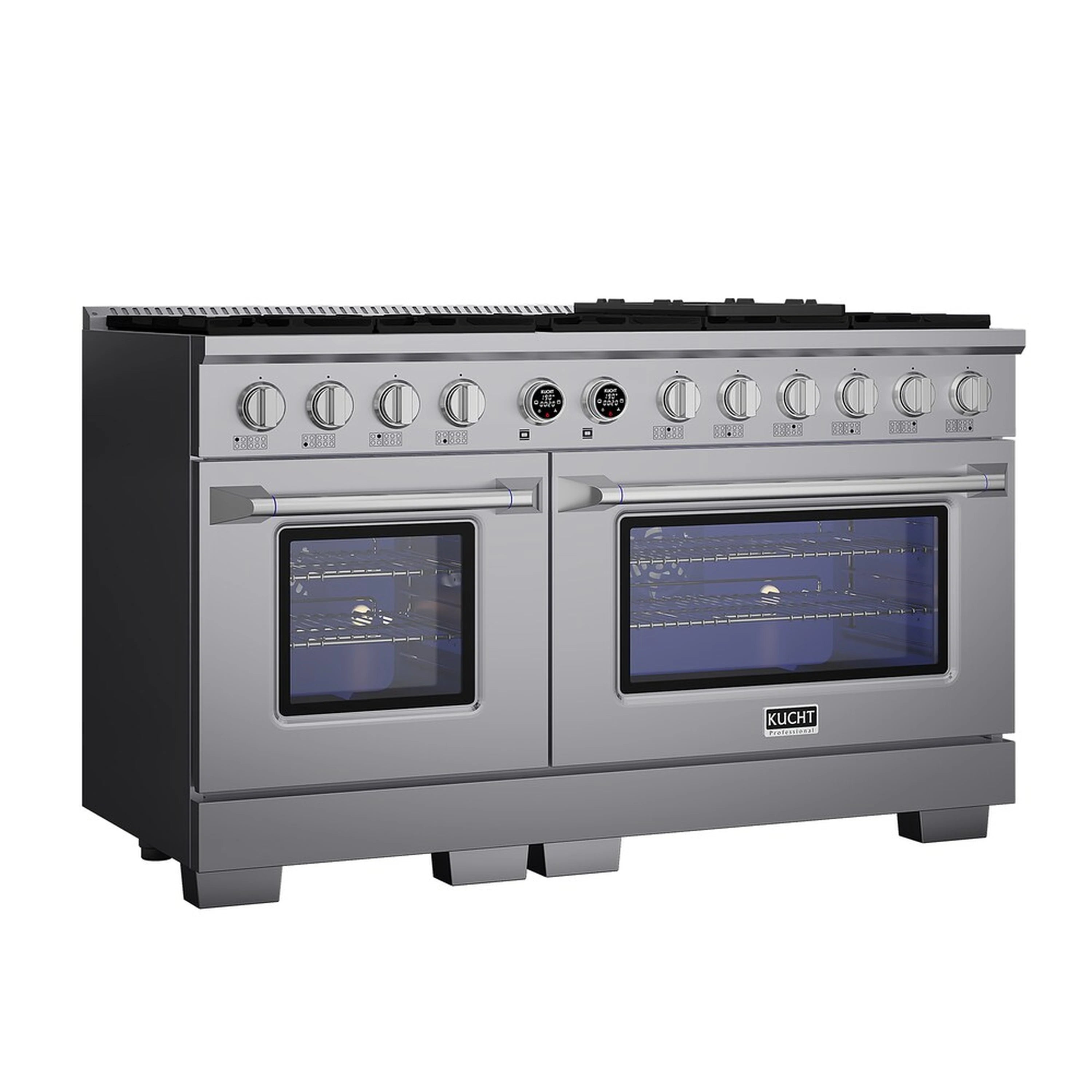 Stainless dual-fuel range with two oven doors, side handle and 8 gas burner knobs