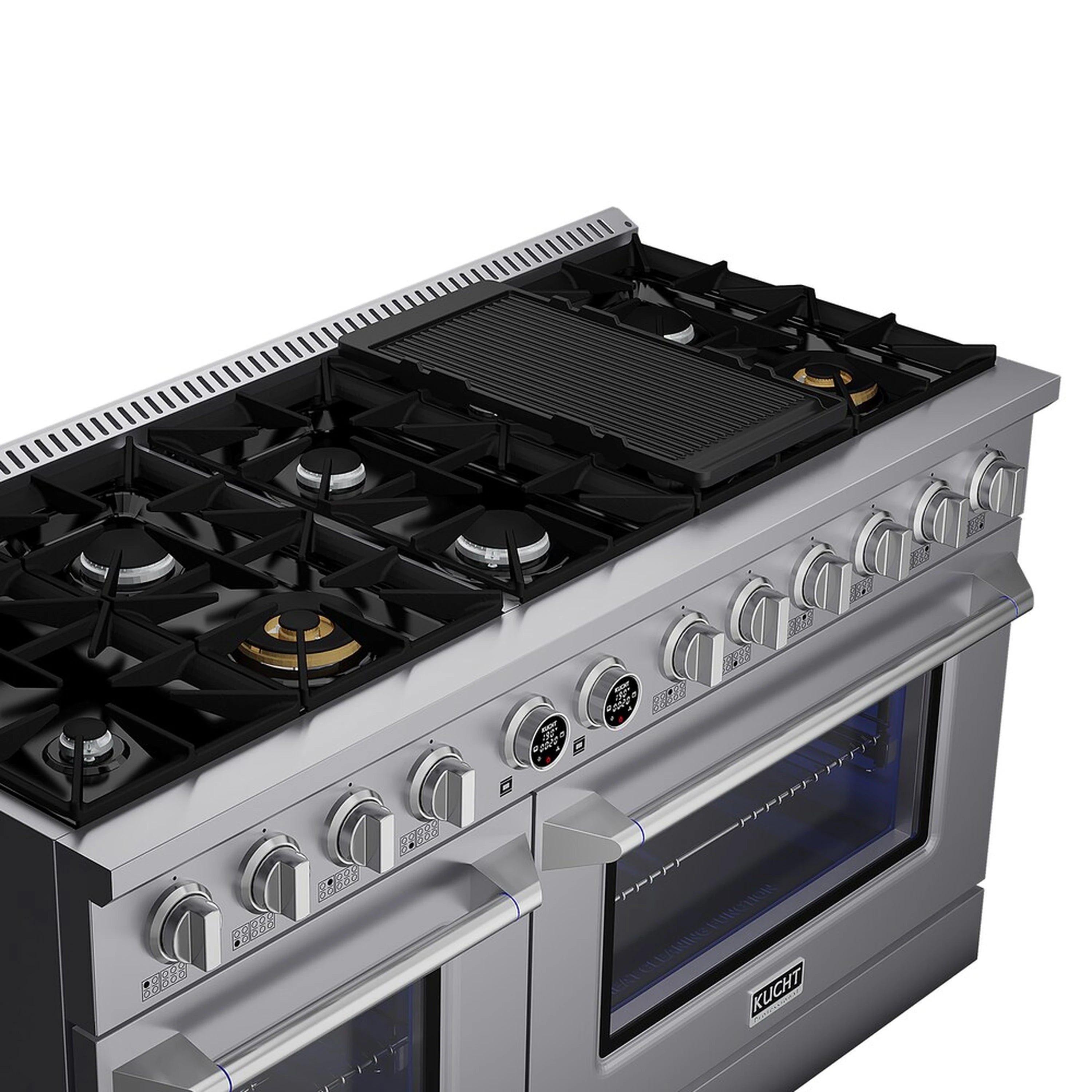 Stainless dual-fuel range cooktop with cast burner grates and black griddle