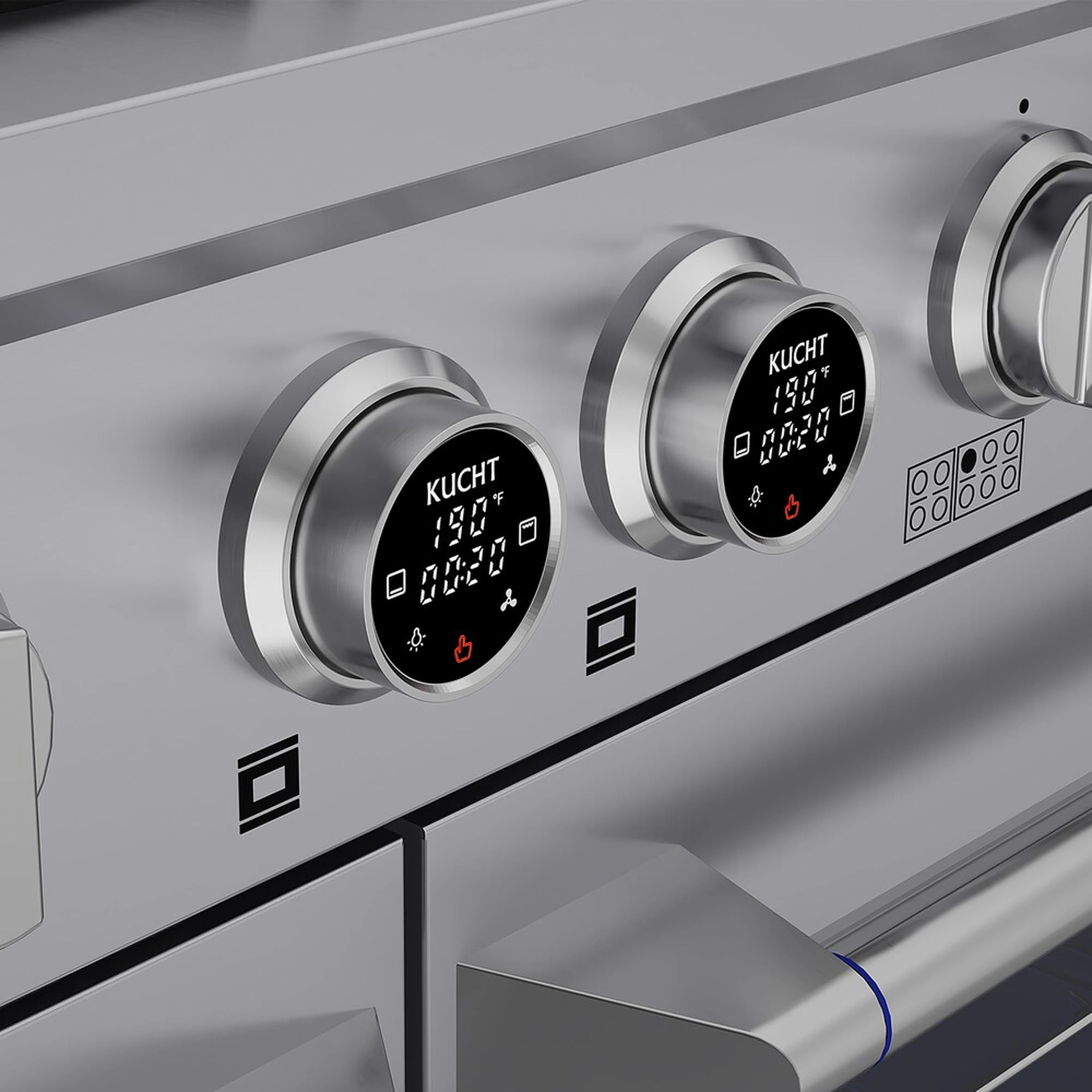 Stainless dual-fuel range digital thermostat knobs with displays and indicator icons