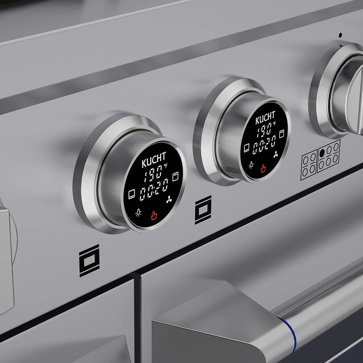Stainless dual fuel range: large round temperature knobs with digital displays