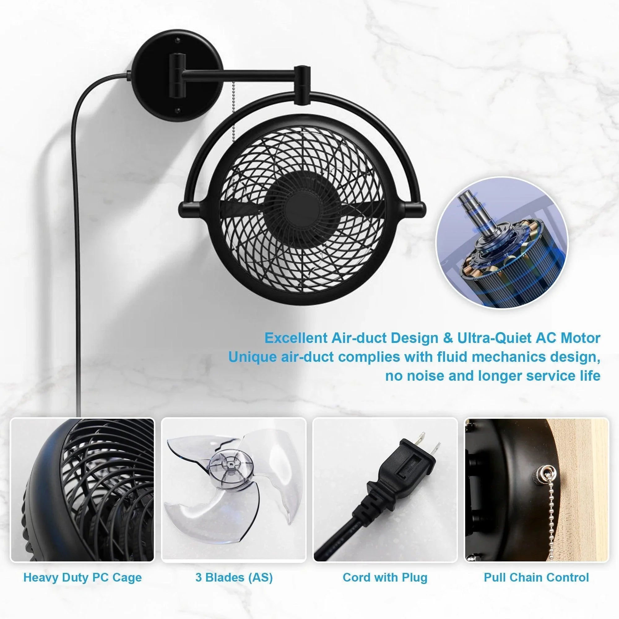 Black industrial ceiling fan with wire protective cage mounted on wall arm