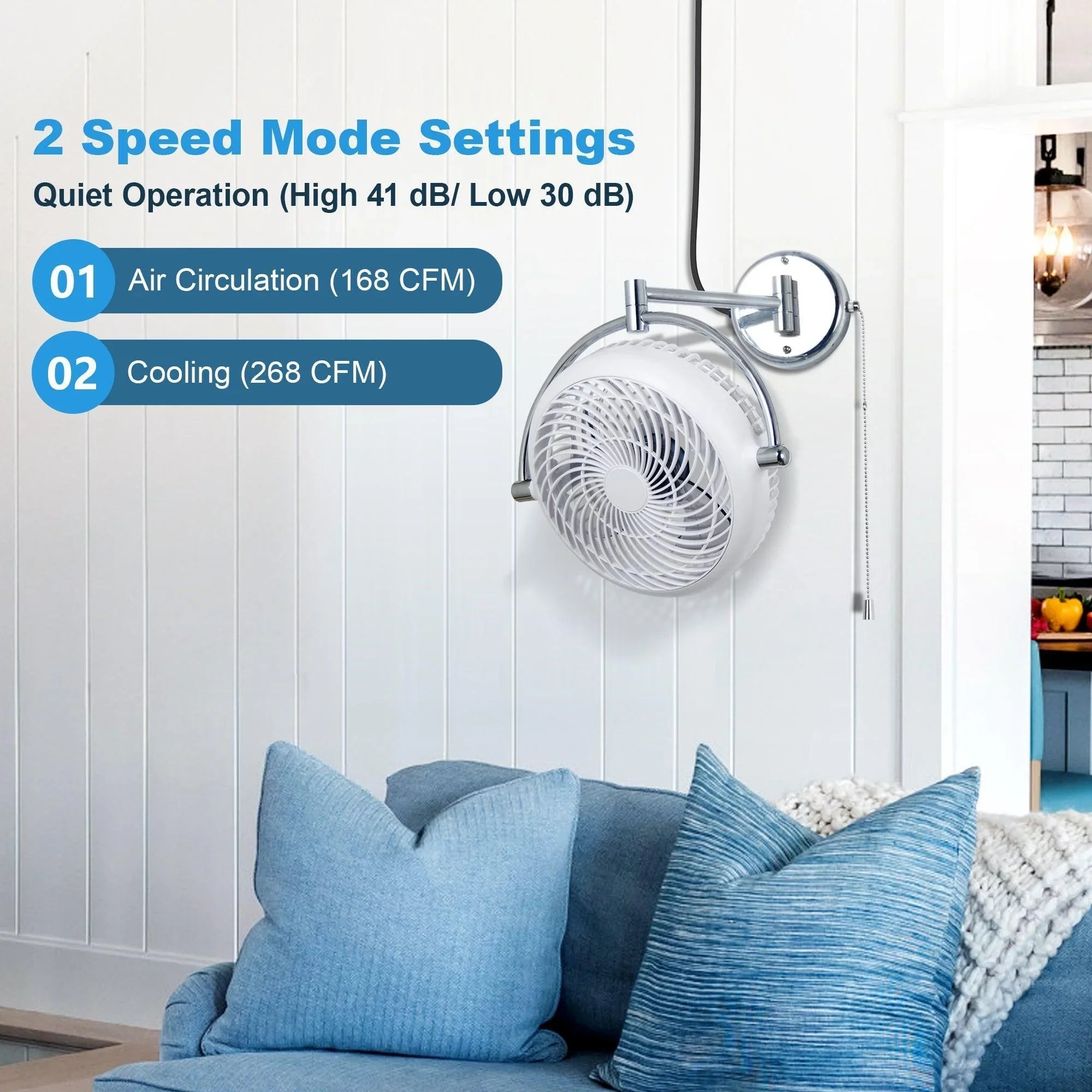 Industrial bathroom ceiling fan with pull chain, white grille and dark metal housing