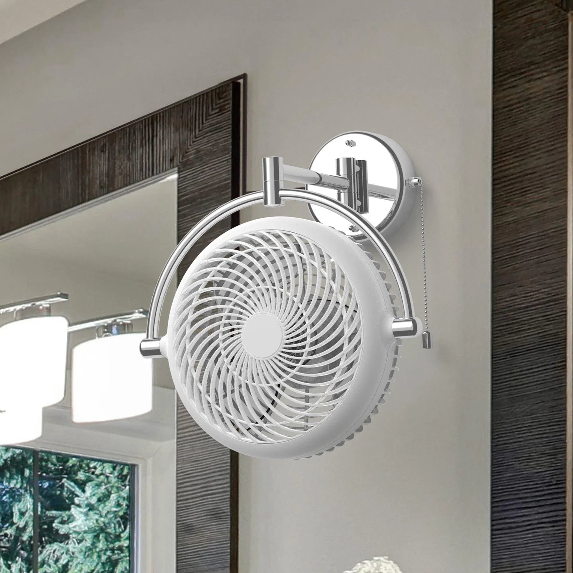 White industrial ceiling fan with circular wire grille and wall-mount bracket