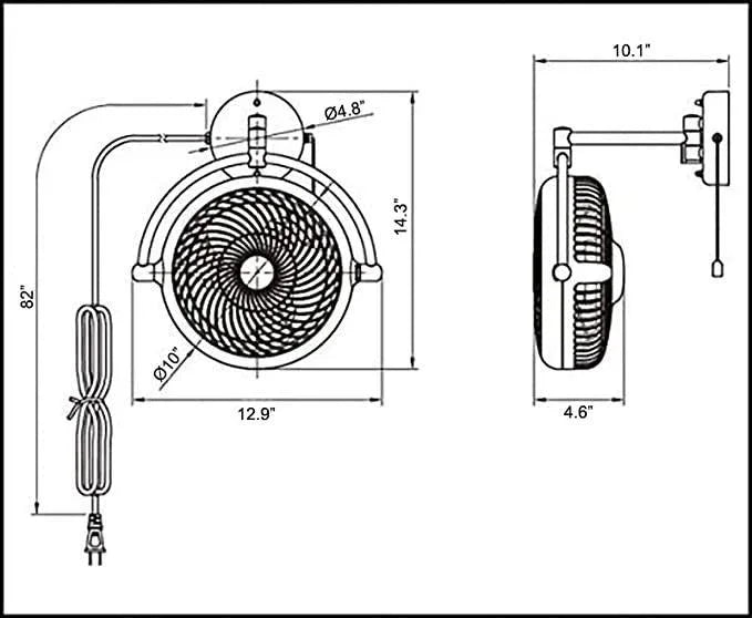Industrial bathroom ceiling fan dimension diagram with pull chain detail