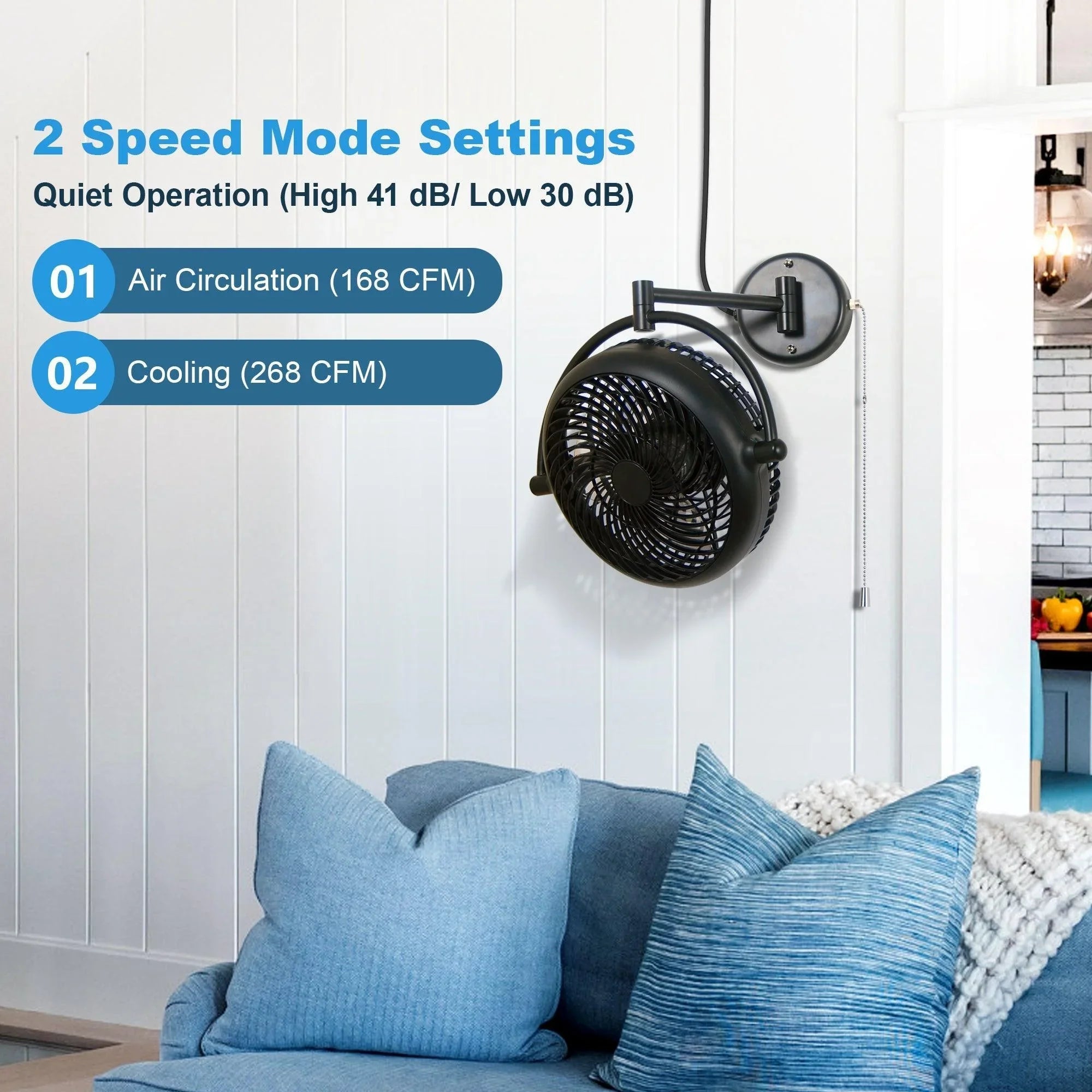 Black industrial ceiling fan wall-mounted to ceiling with pull chain