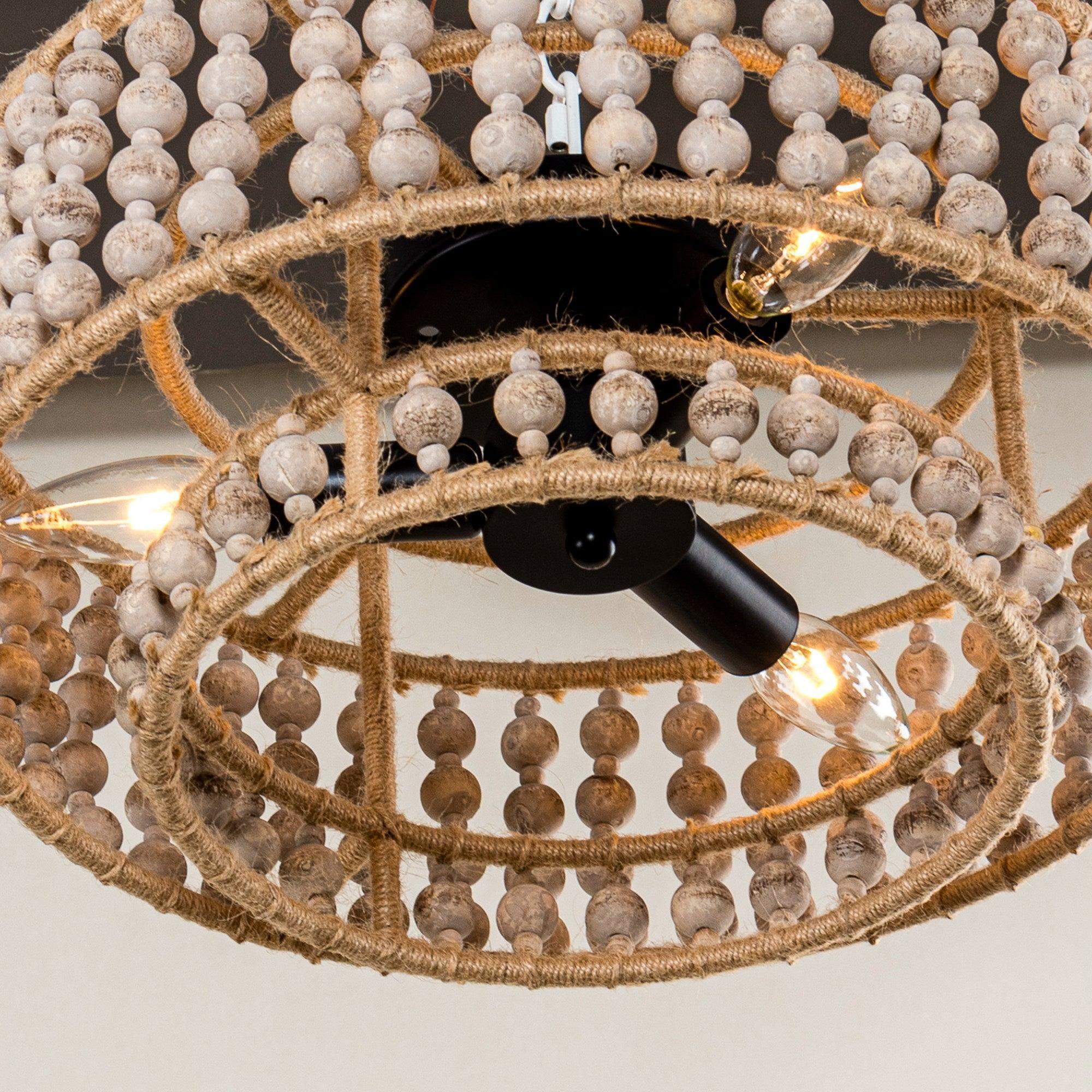 Close-up of three bulbs inside a beaded flush mount ceiling light with wood trim