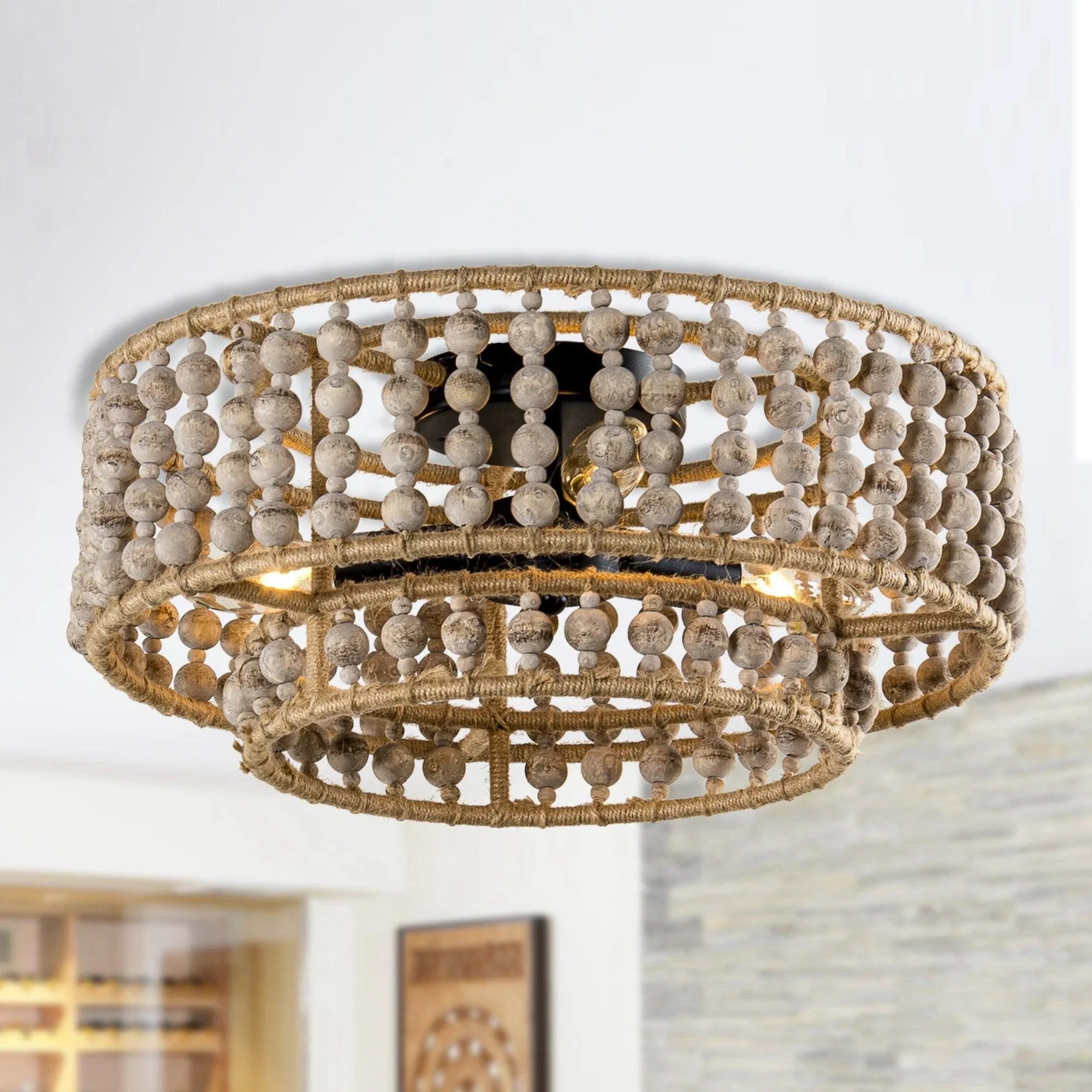 Round three-light flush mount ceiling light with woven wood frame and hanging beads