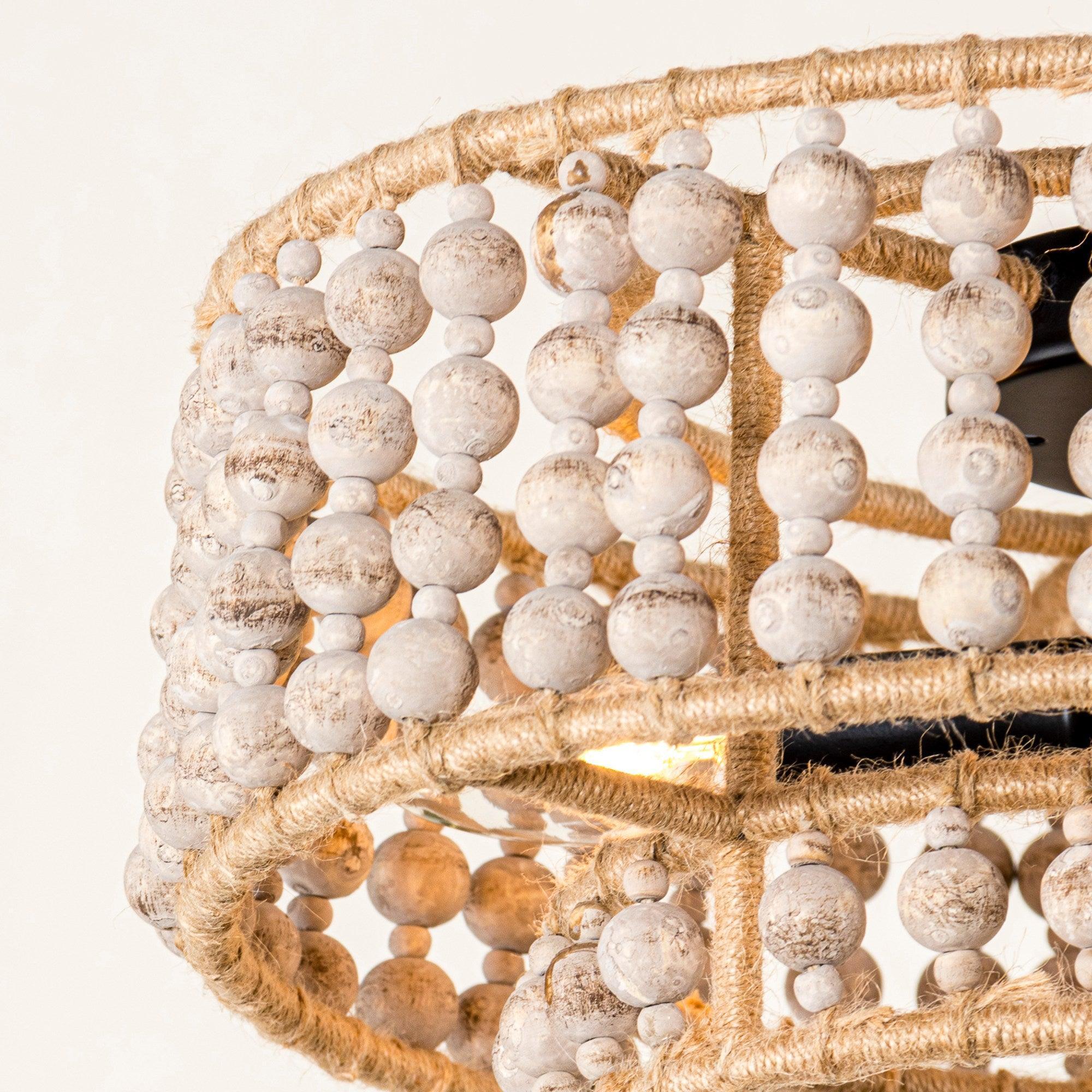 Three-light wood and bead flush mount ceiling light with round beaded globe detail