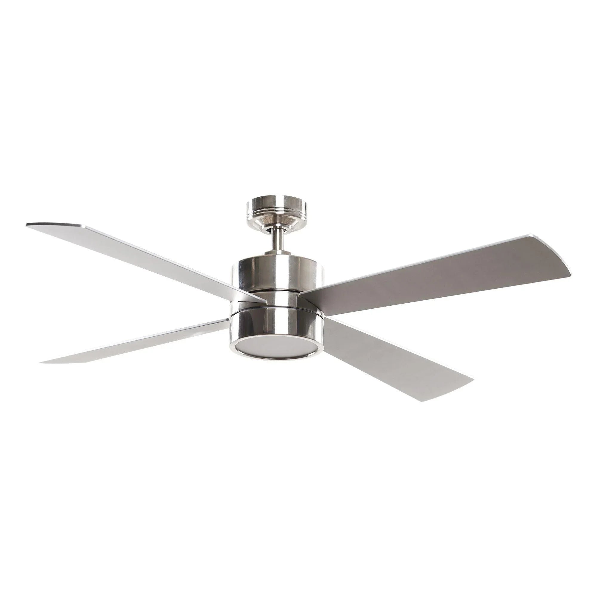 Chrome industrial ceiling fan with 5 gray blades and LED light fixture
