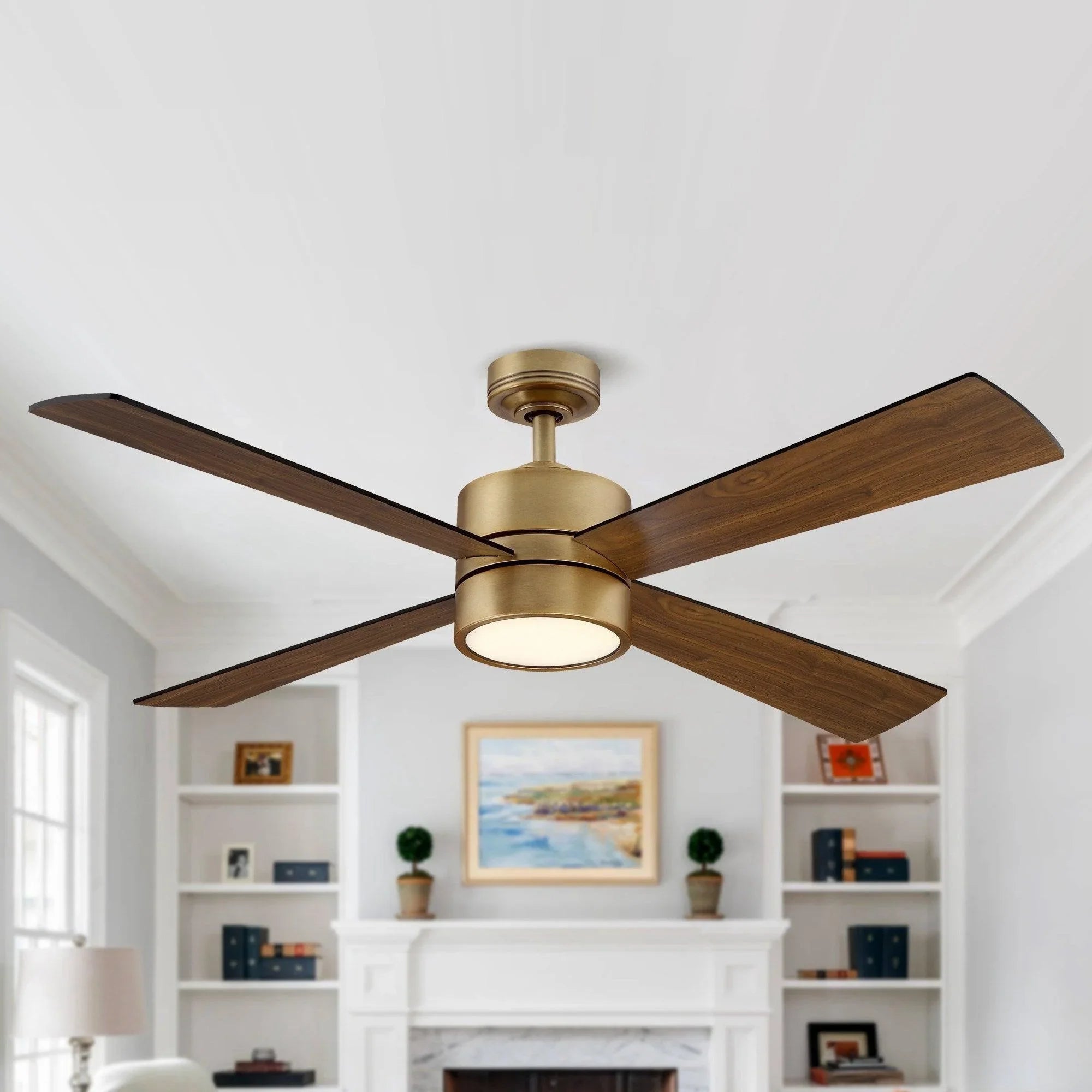 Brown ceiling fan with 5 blades and LED light mounted on ceiling