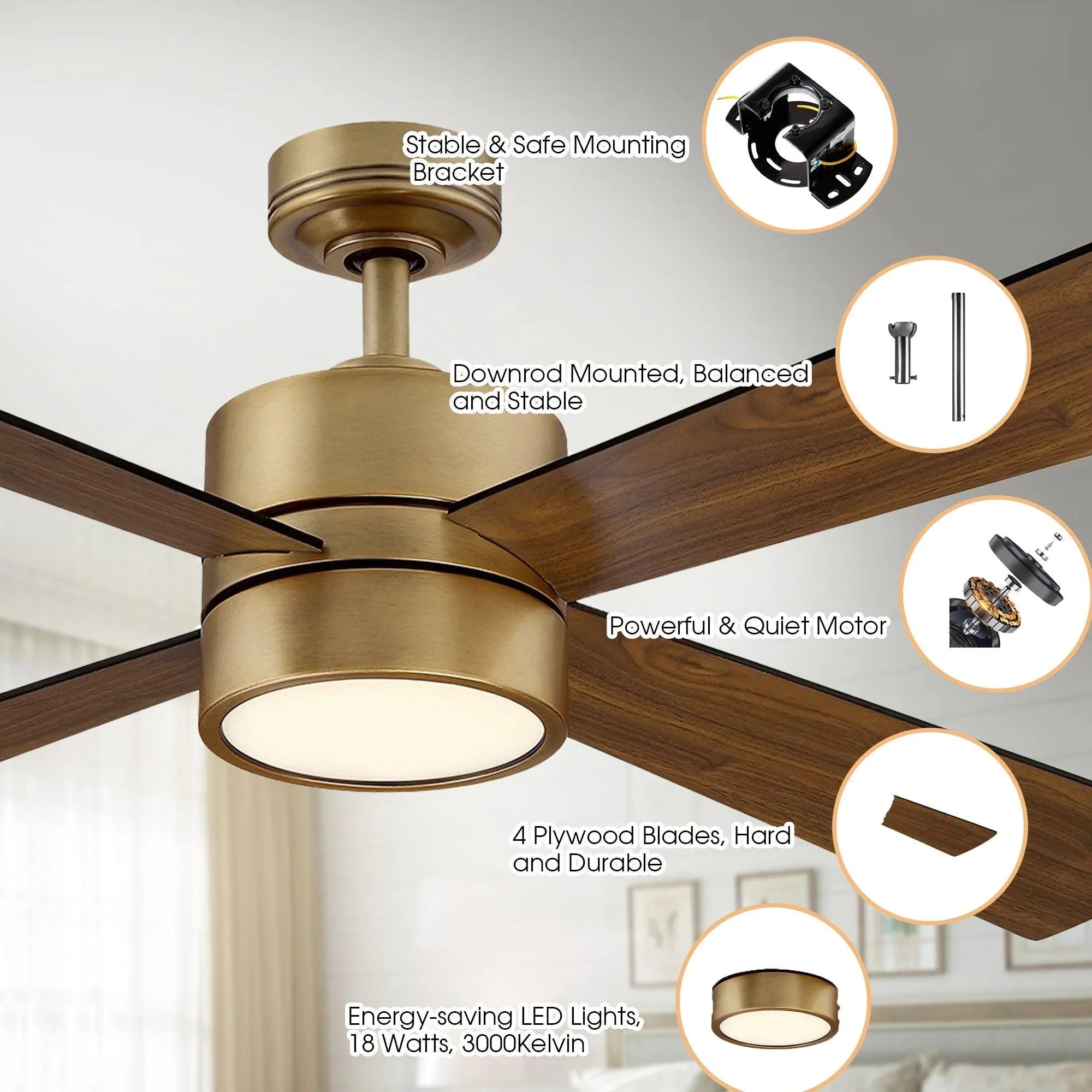 Industrial ceiling fan with dark wood reversible blades and brushed gold LED light