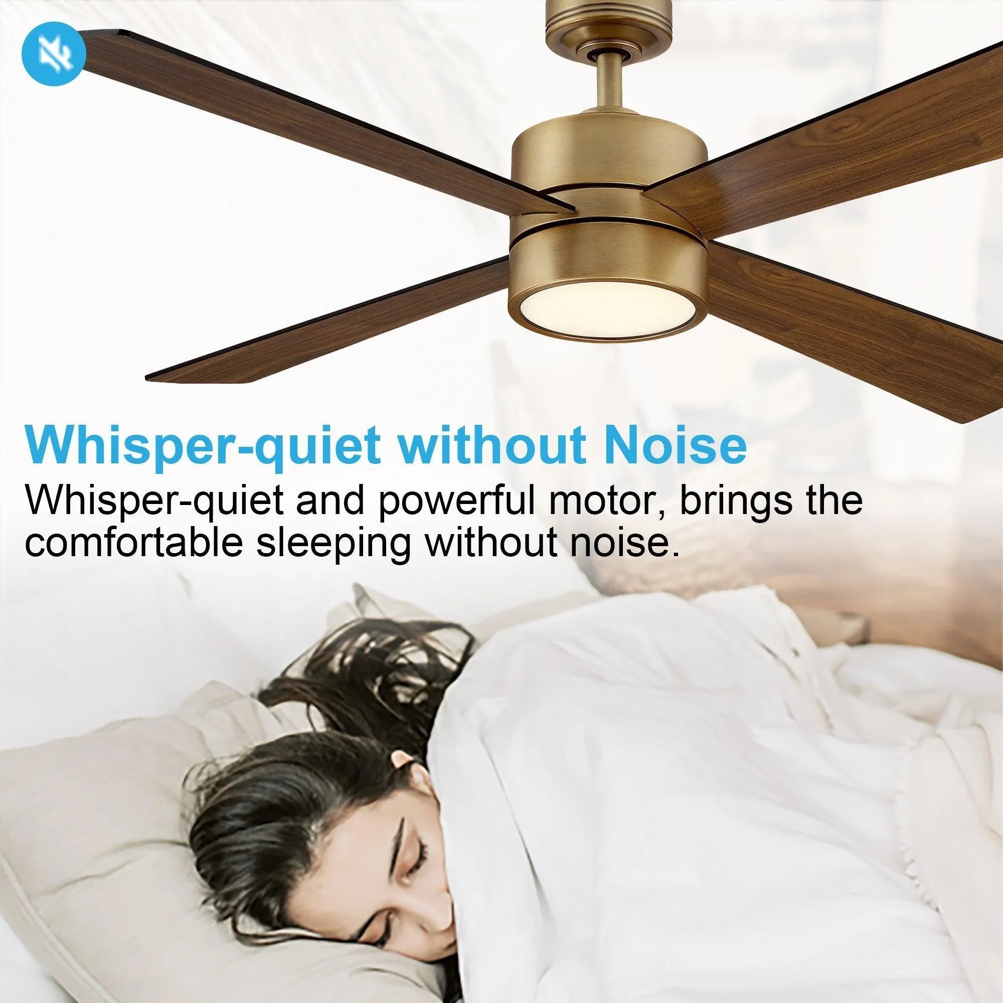 Industrial ceiling fan with dark wood blades and brushed gold integrated LED light