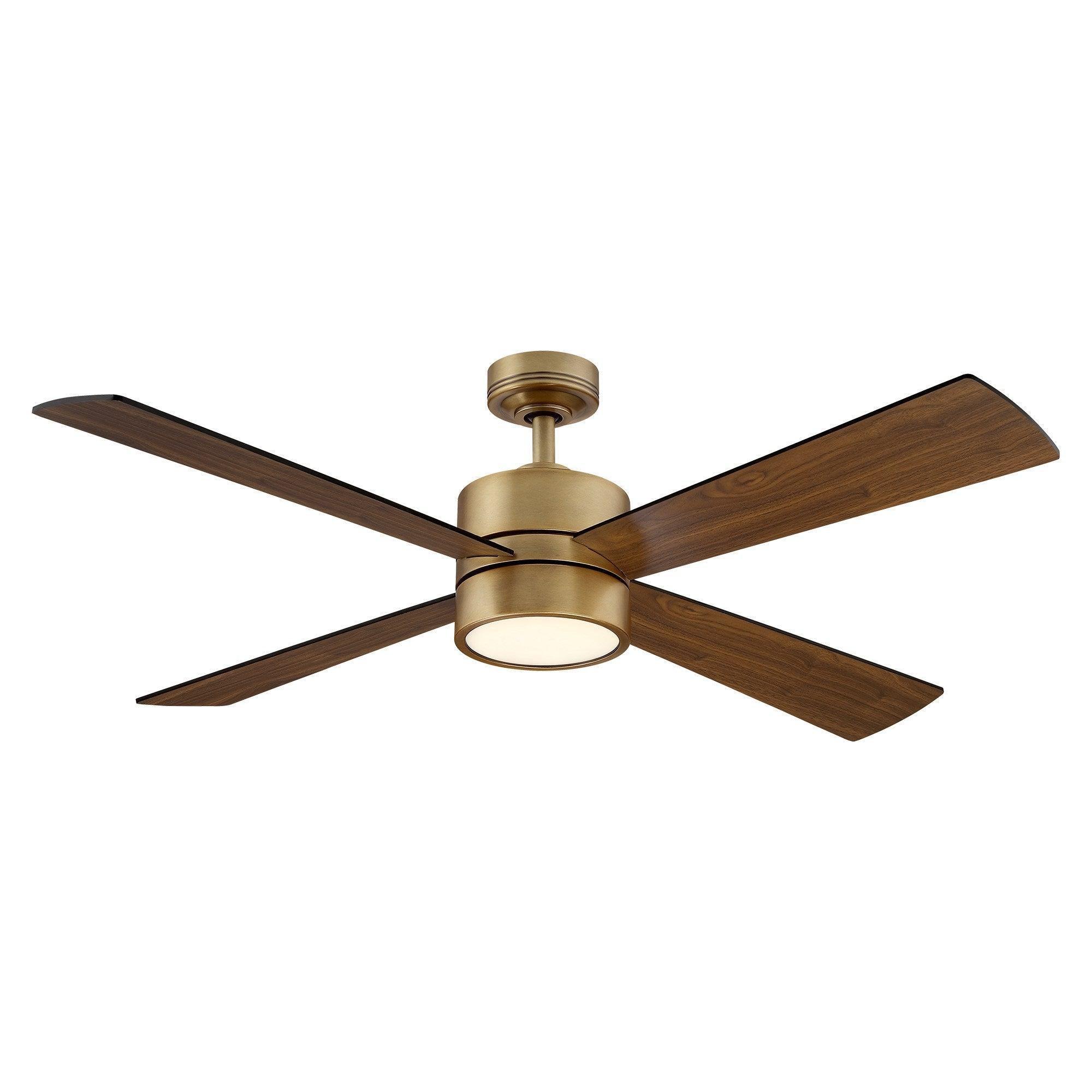 Brown ceiling fan with 5 blades and frosted LED light under bronze motor