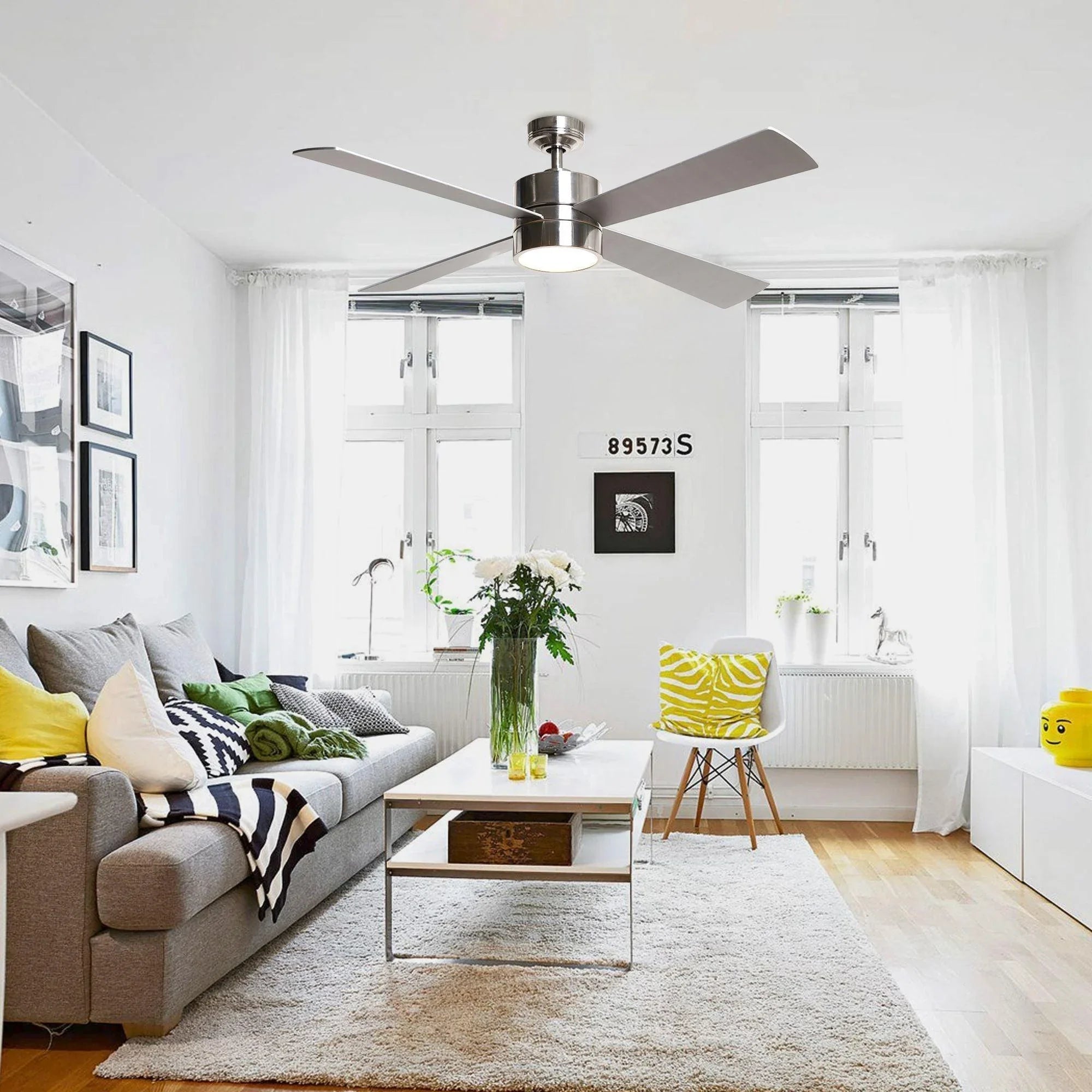 Chrome industrial ceiling fan with 5 gray blades and LED light, ceiling-mounted
