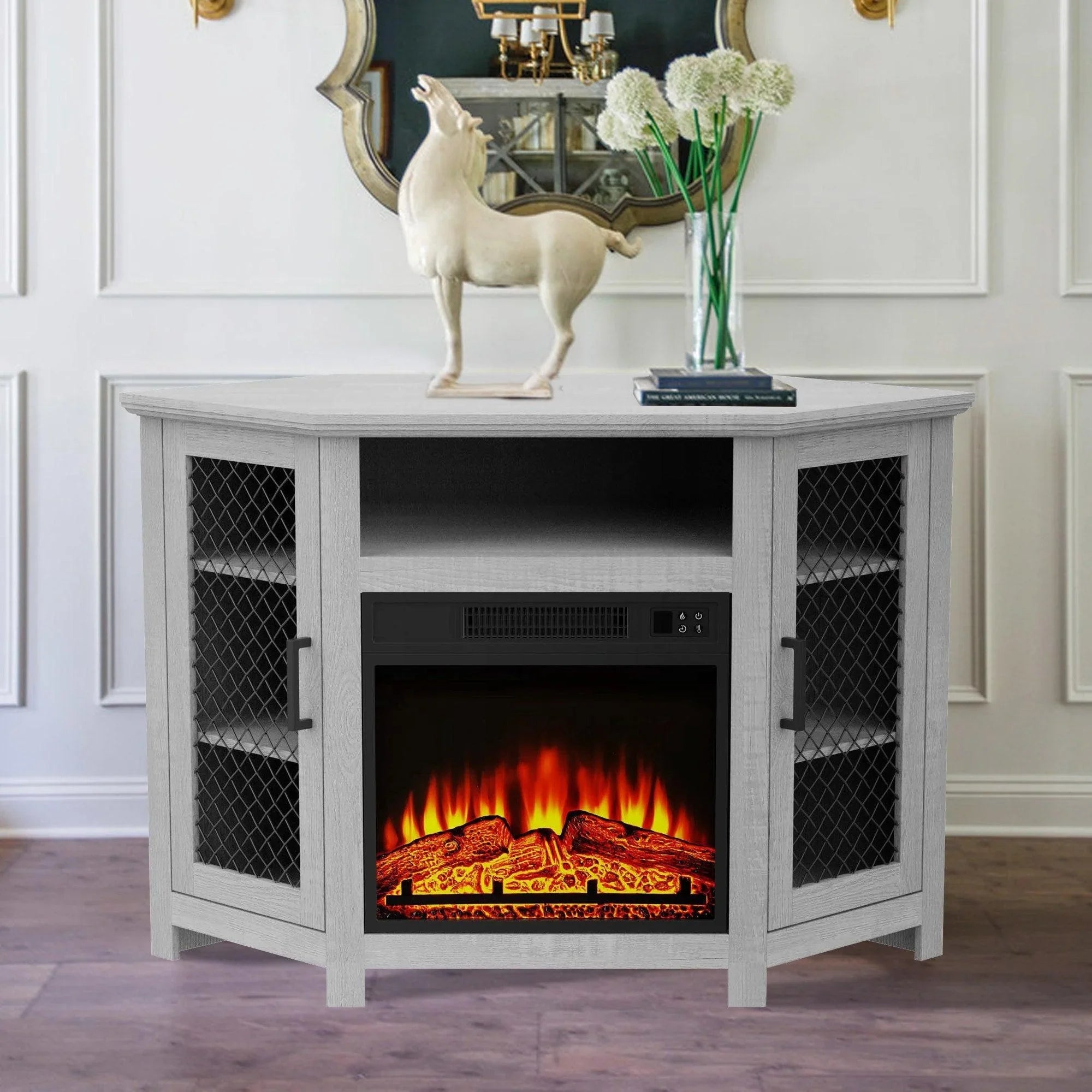 Grey electric fireplace console table with mesh doors and glowing flame insert