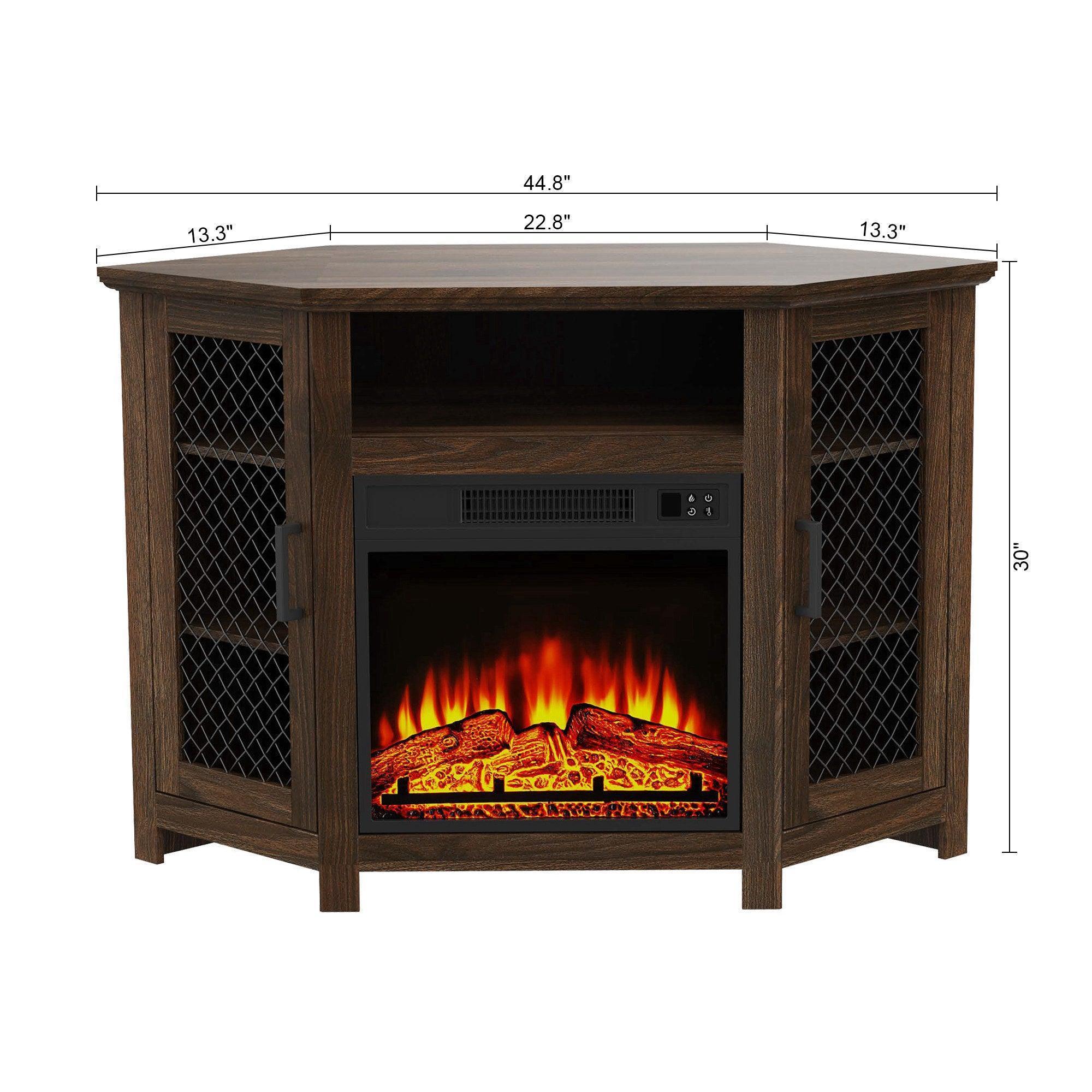 Brown electric fireplace TV stand with glass-front flame insert and two mesh doors