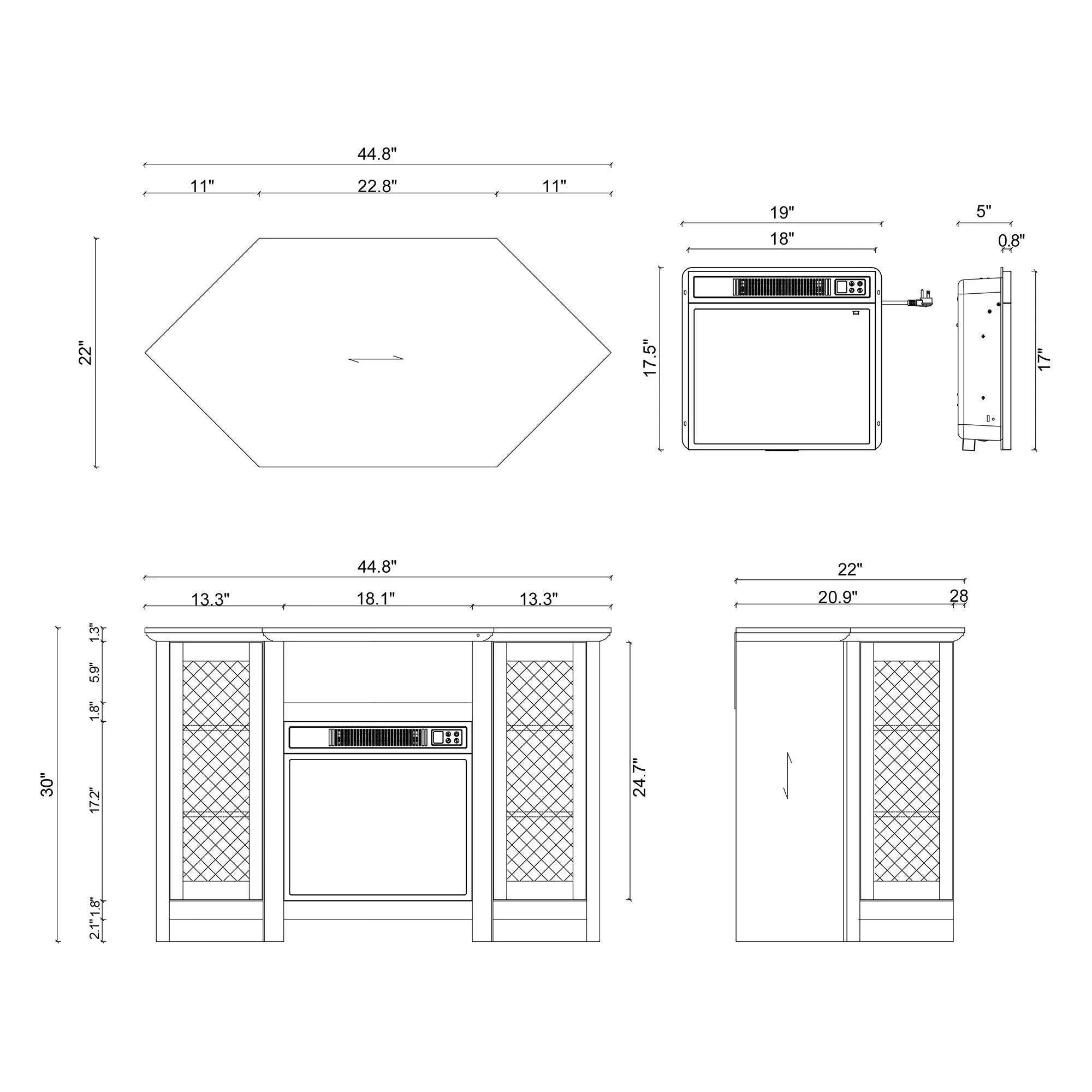 Electric fireplace TV stand layout and dimensions drawing on white background