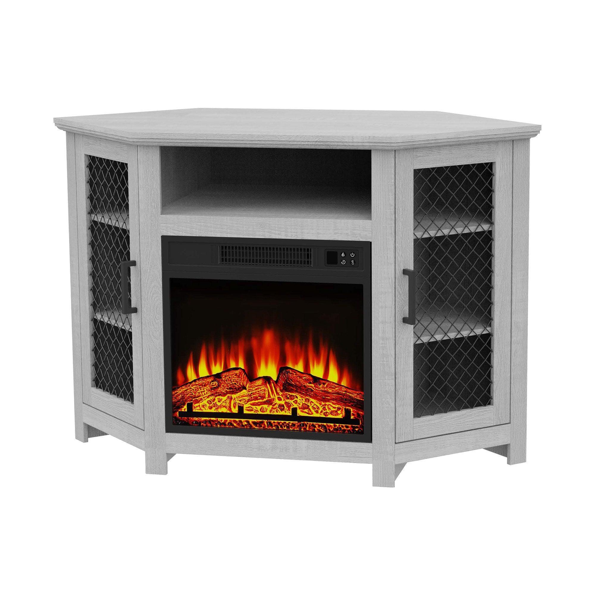 Grey fireplace TV stand with metal mesh cabinet doors and an electric firebox