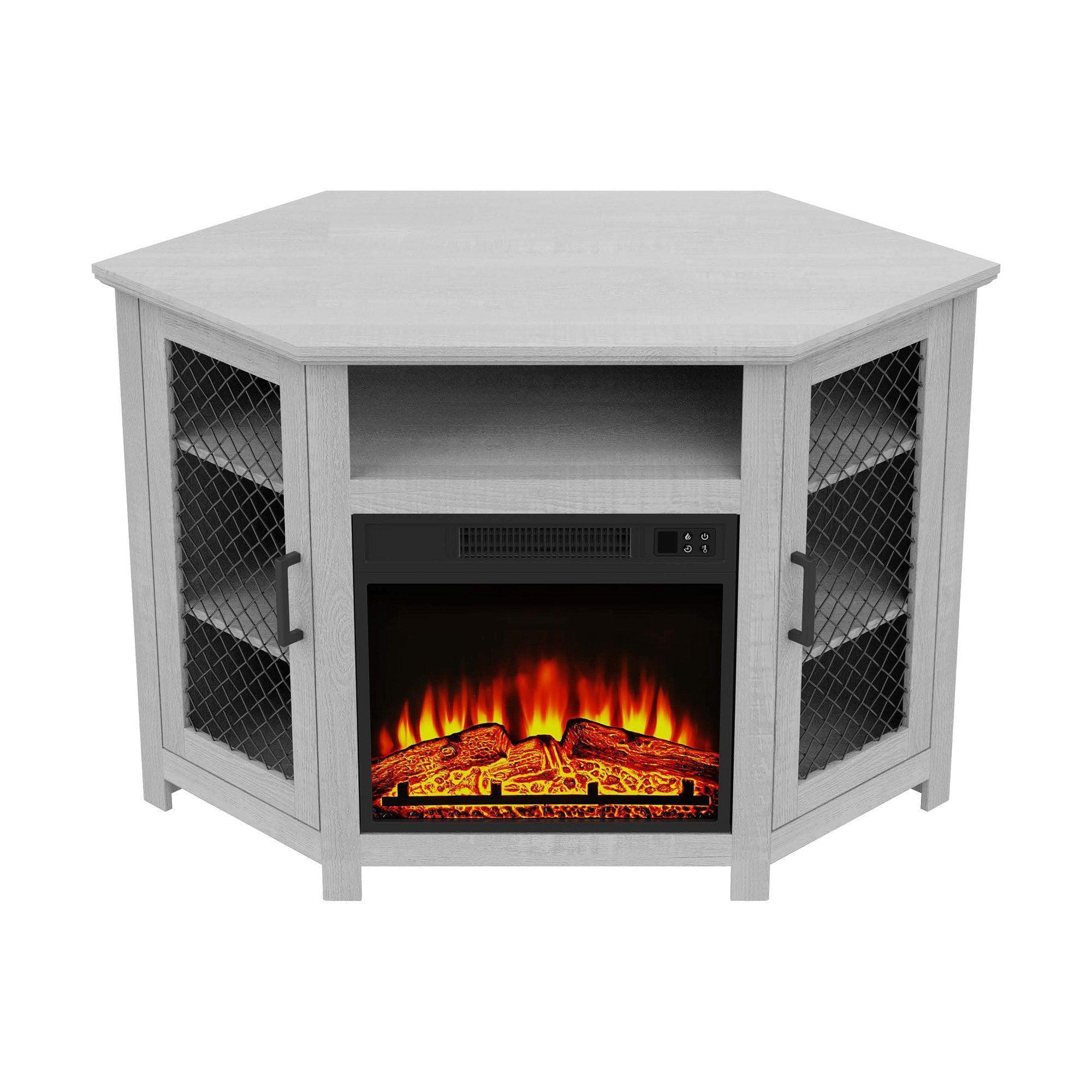Corner electric fireplace console table in light grey with mesh doors and firebox insert
