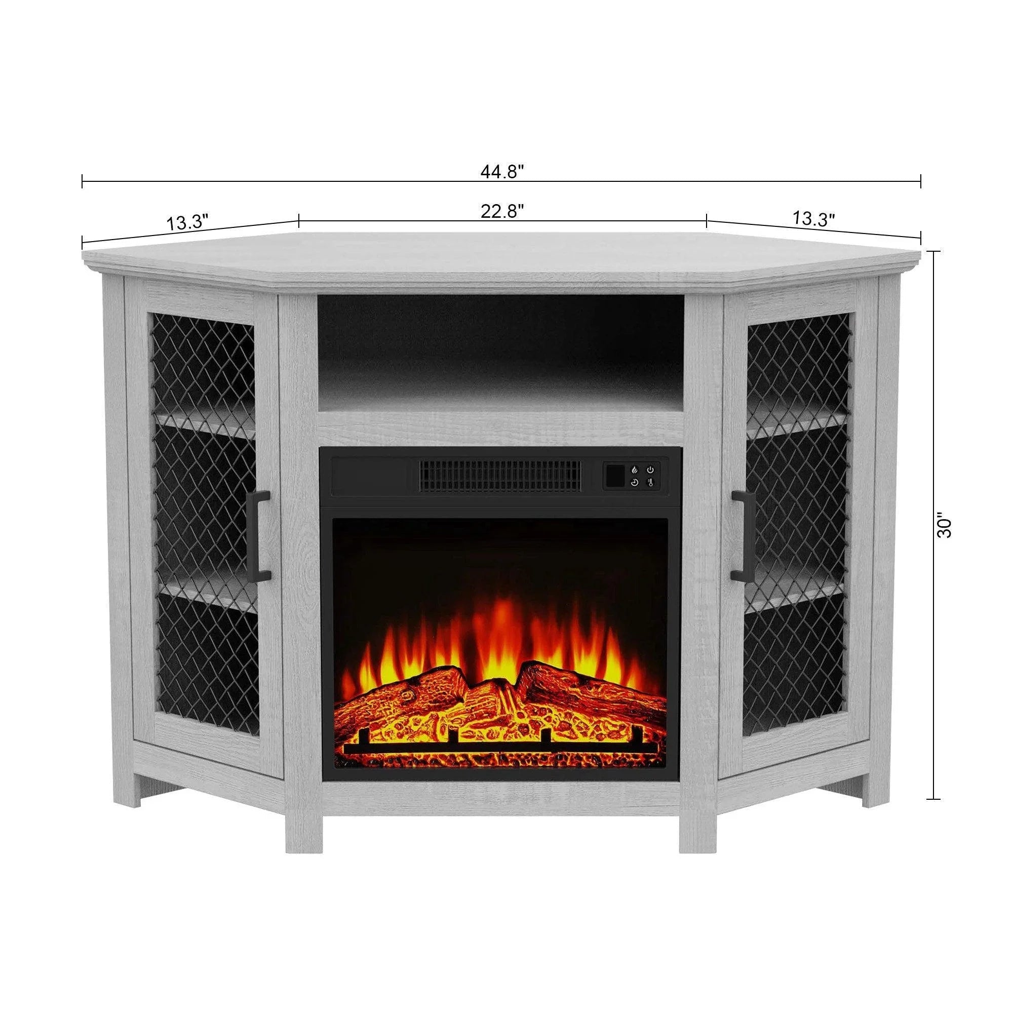 Light grey electric fireplace console table with mesh side doors and flame insert, side view