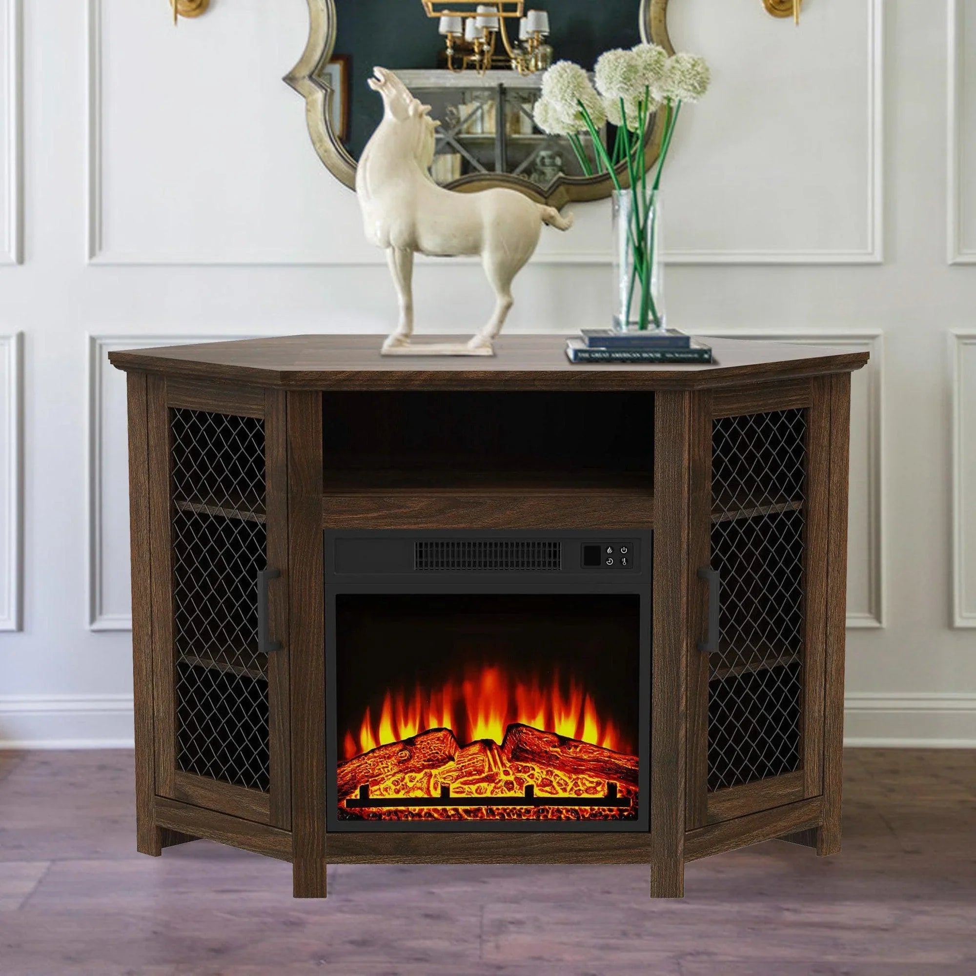 Brown electric fireplace console table with mesh doors and glowing flame insert