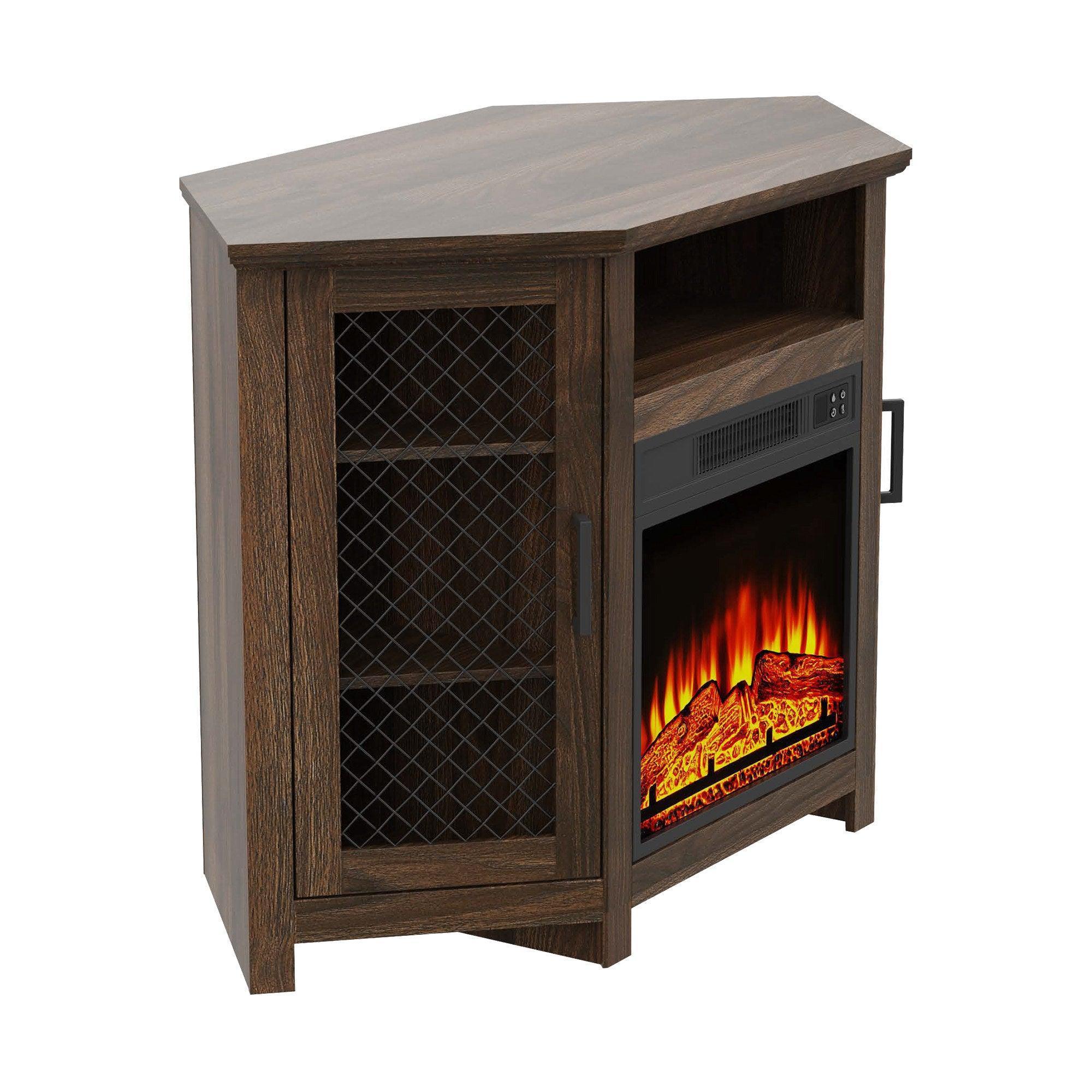 Dark brown electric fireplace TV console with open shelf, mesh doors, and flame insert