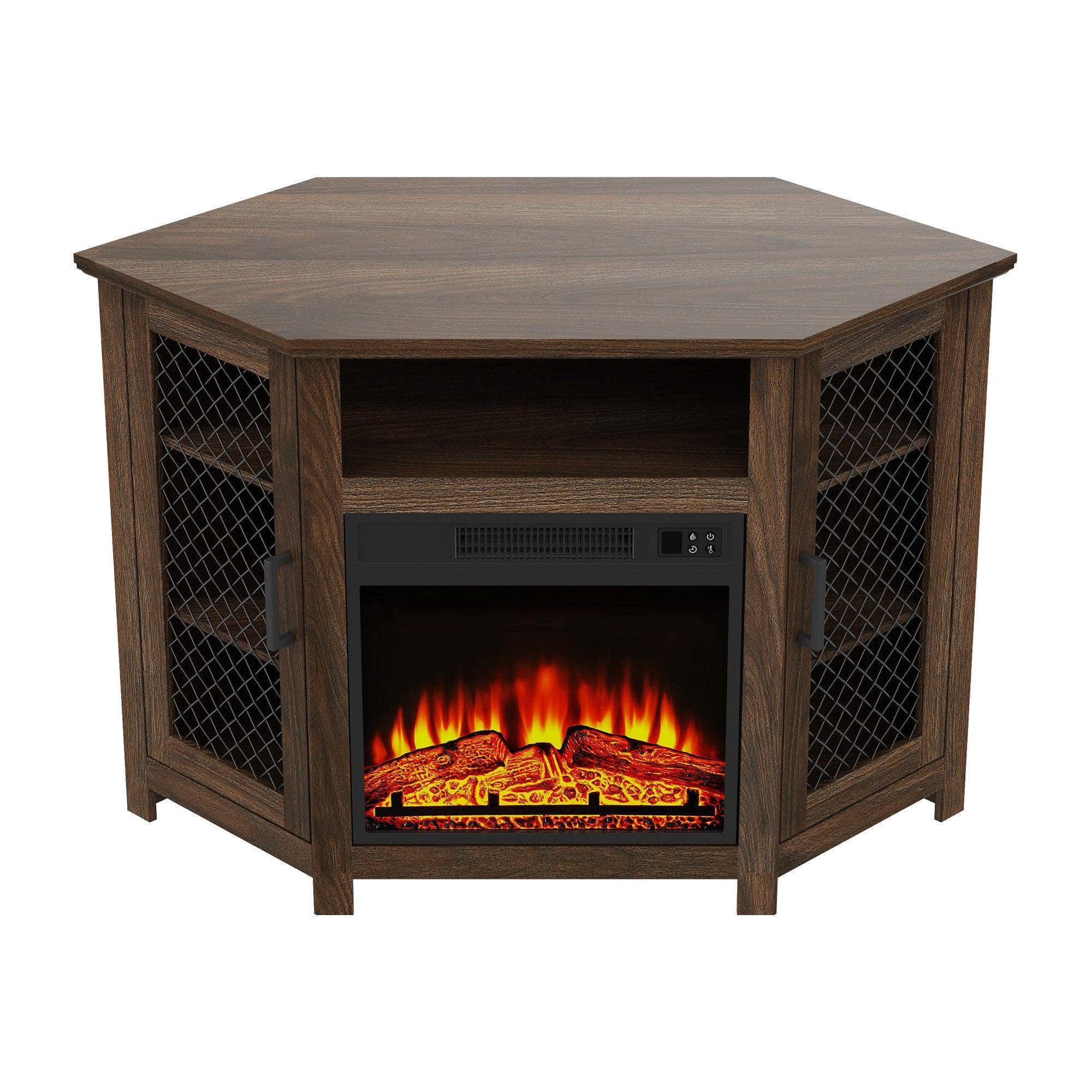 Dark brown electric fireplace console table with mesh doors and glowing flame insert