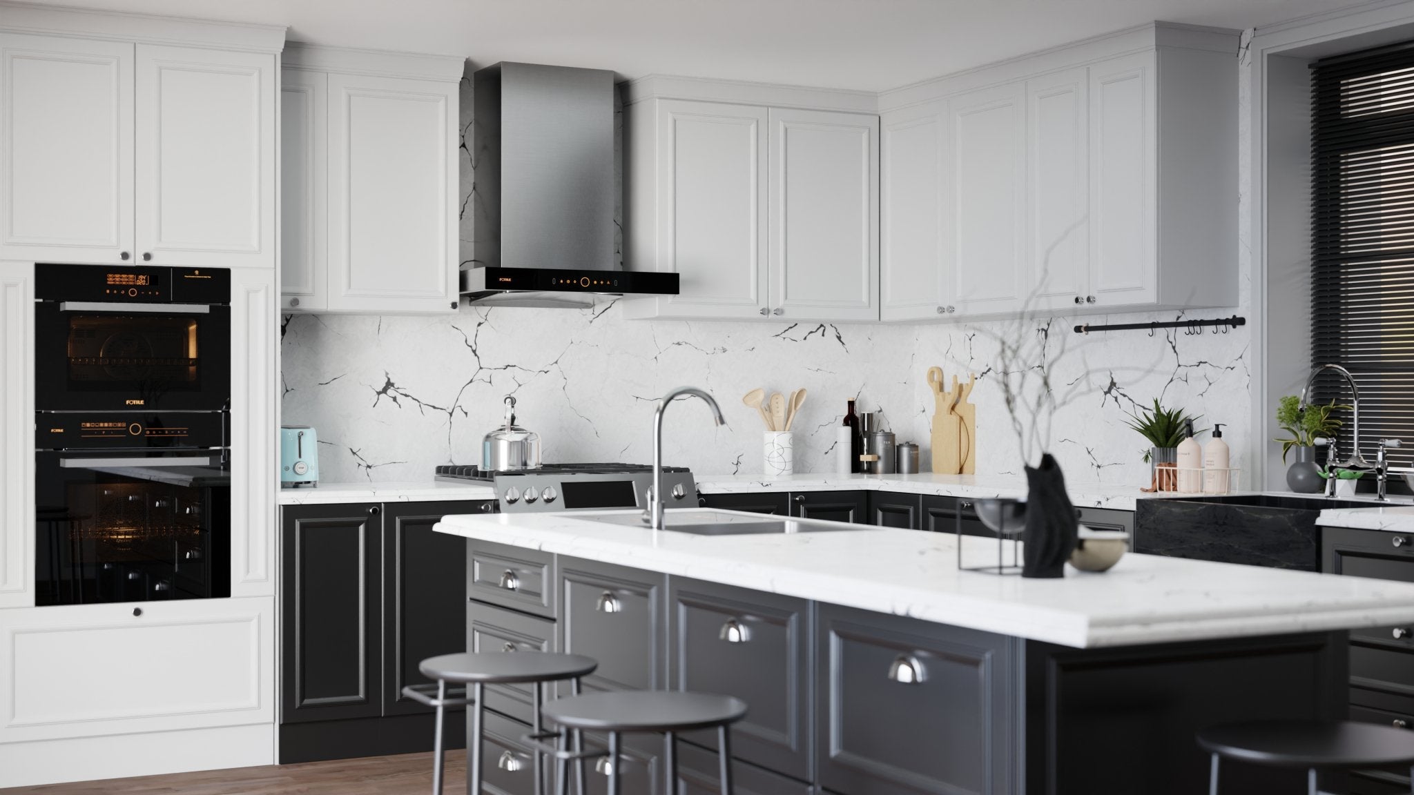 Wall mount range hood above the cooktop with stainless chimney and black control panel