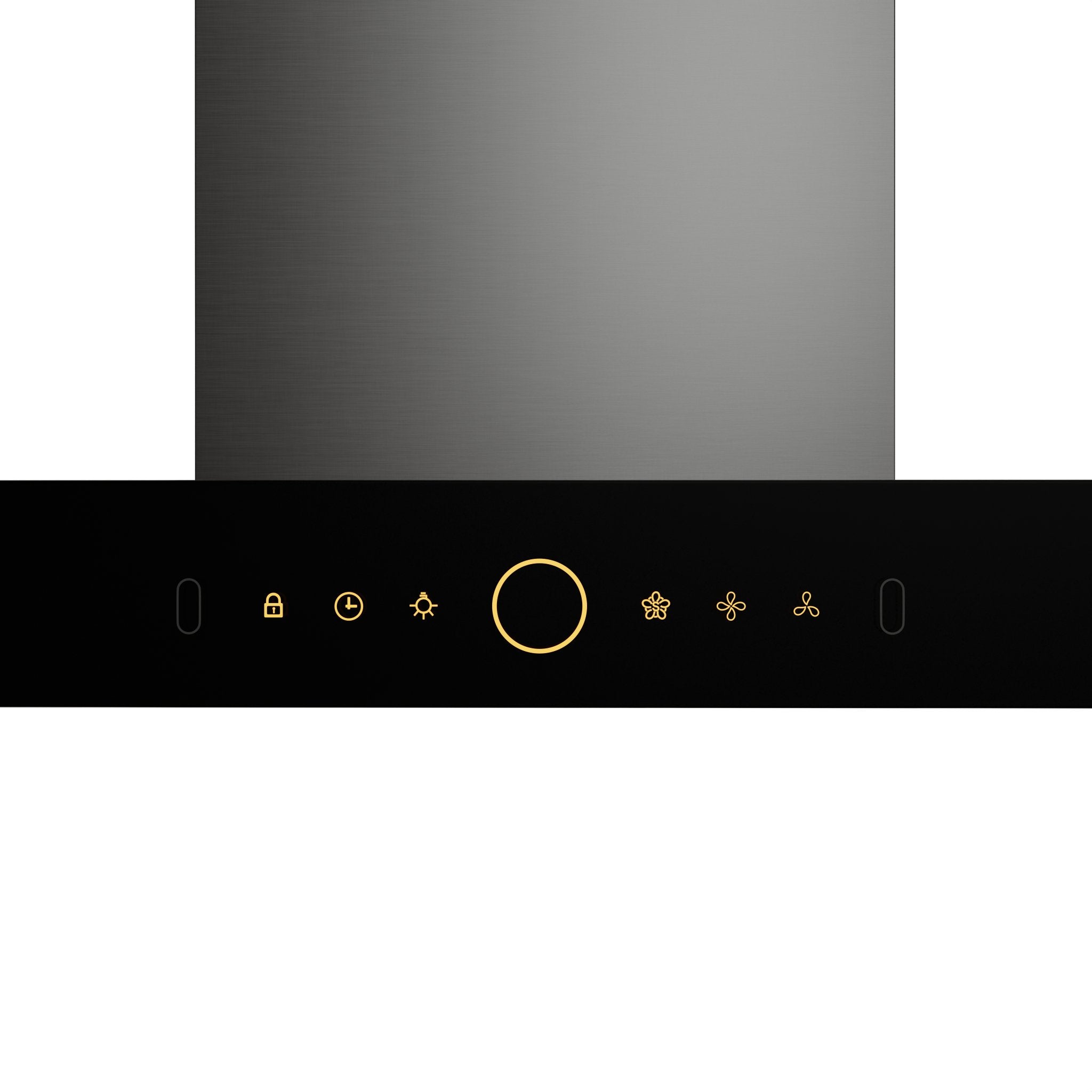 Range hood control panel with circular selector and lit icons on black strip