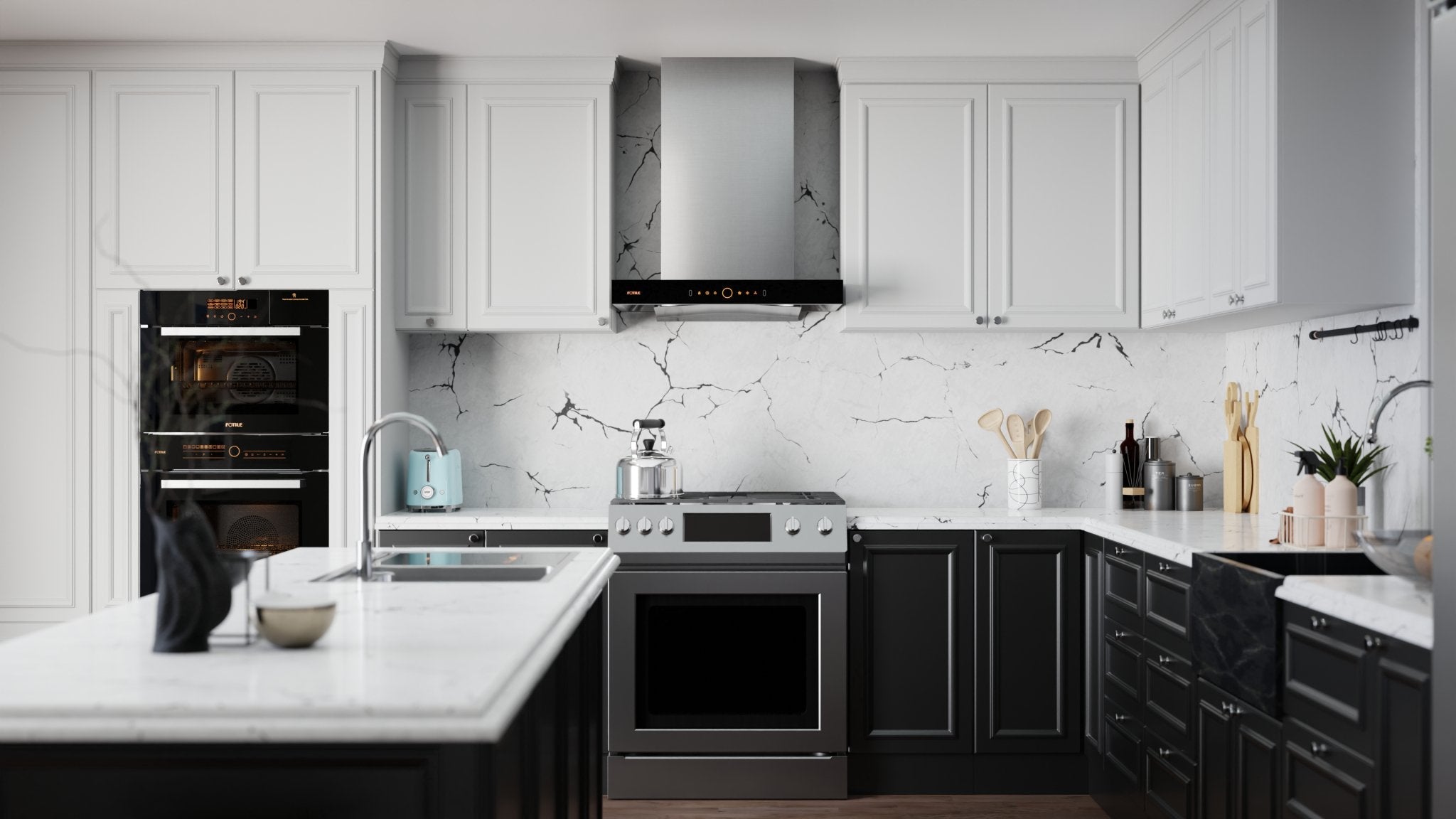 Stainless wall mount range hood centered over range with black control panel