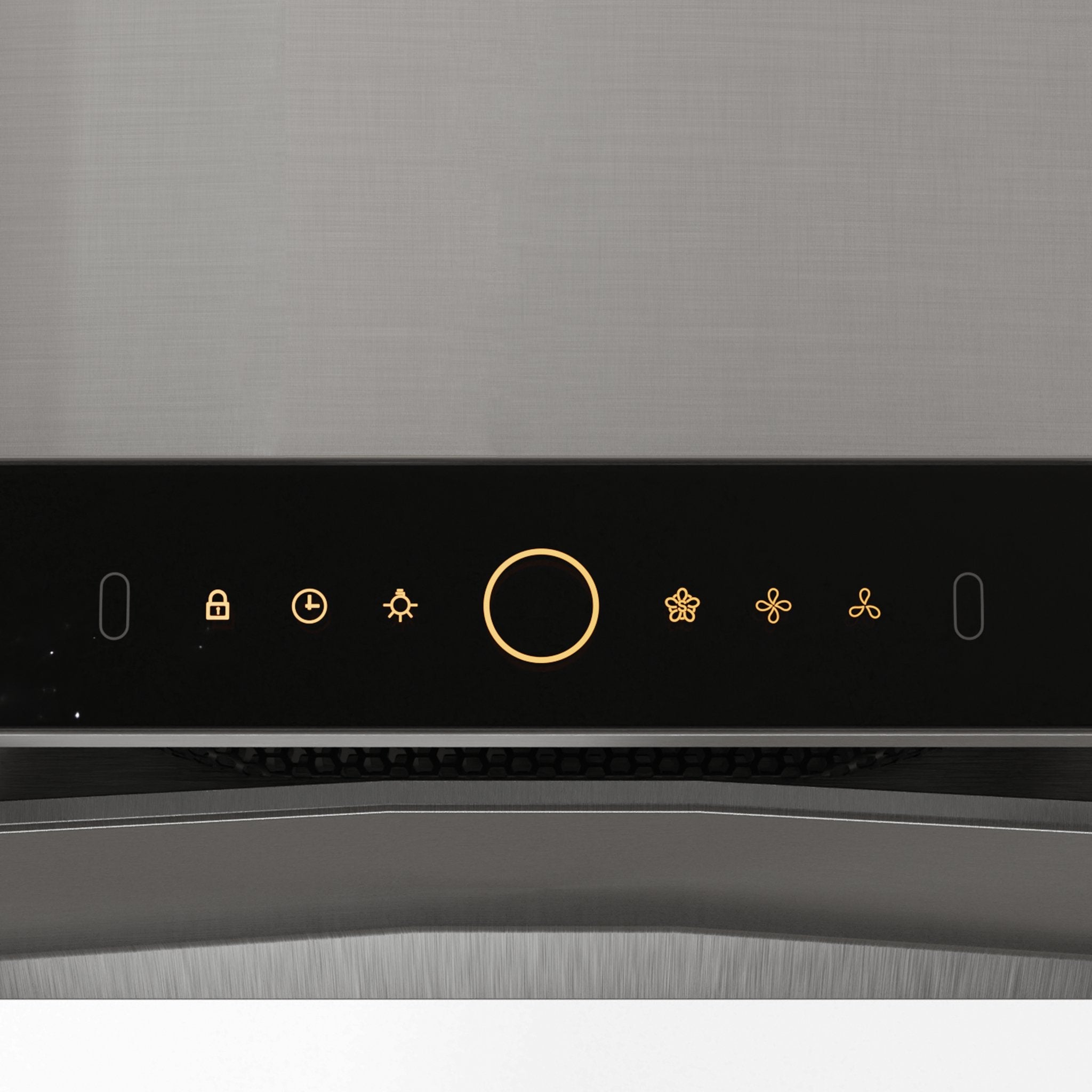 Range hood front panel with lit icon buttons and circular selector on black control strip