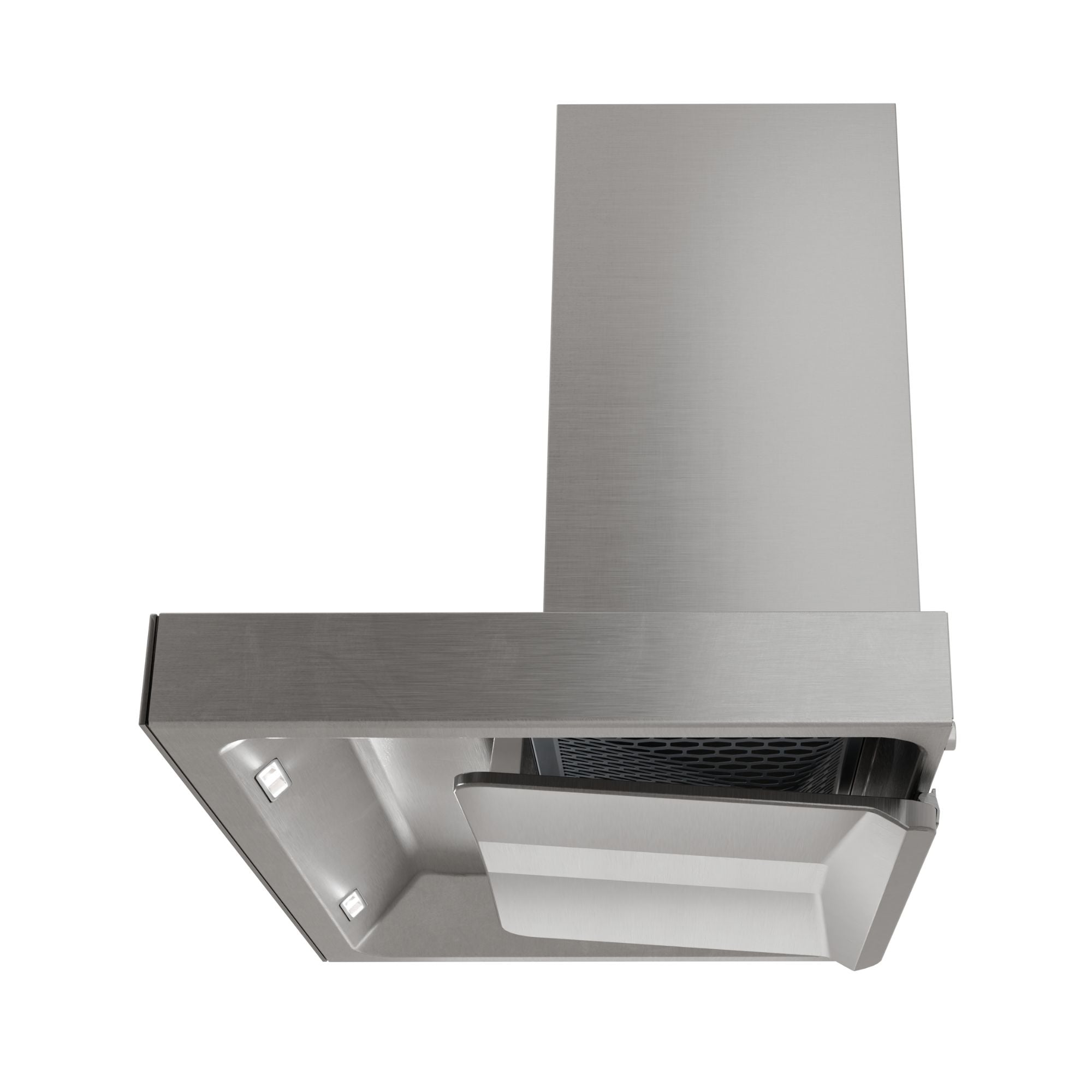 Stainless steel wall-mounted range hood with exposed grease baffle and chimney