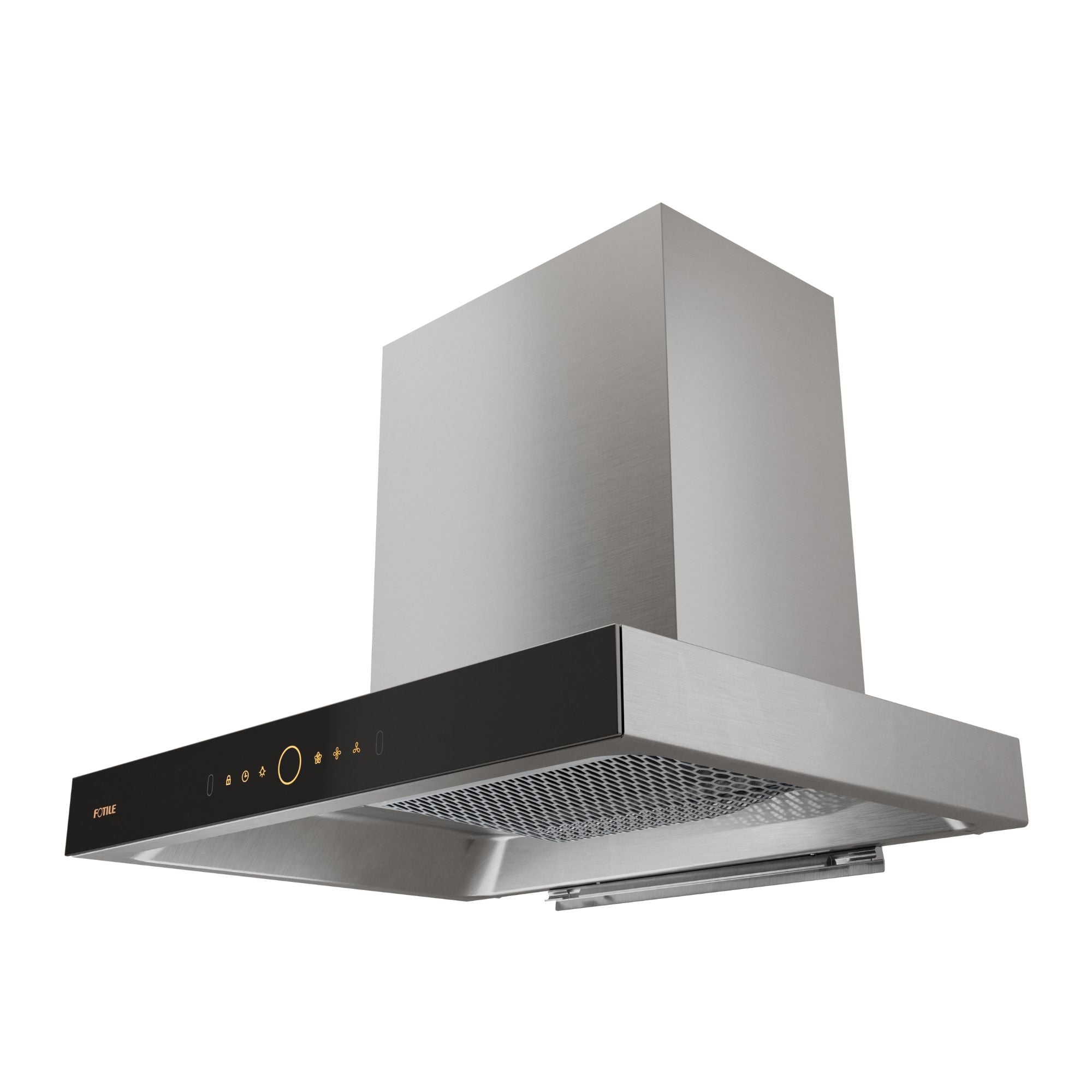 Stainless steel and black wall-mount range hood underside with mesh filter and lights