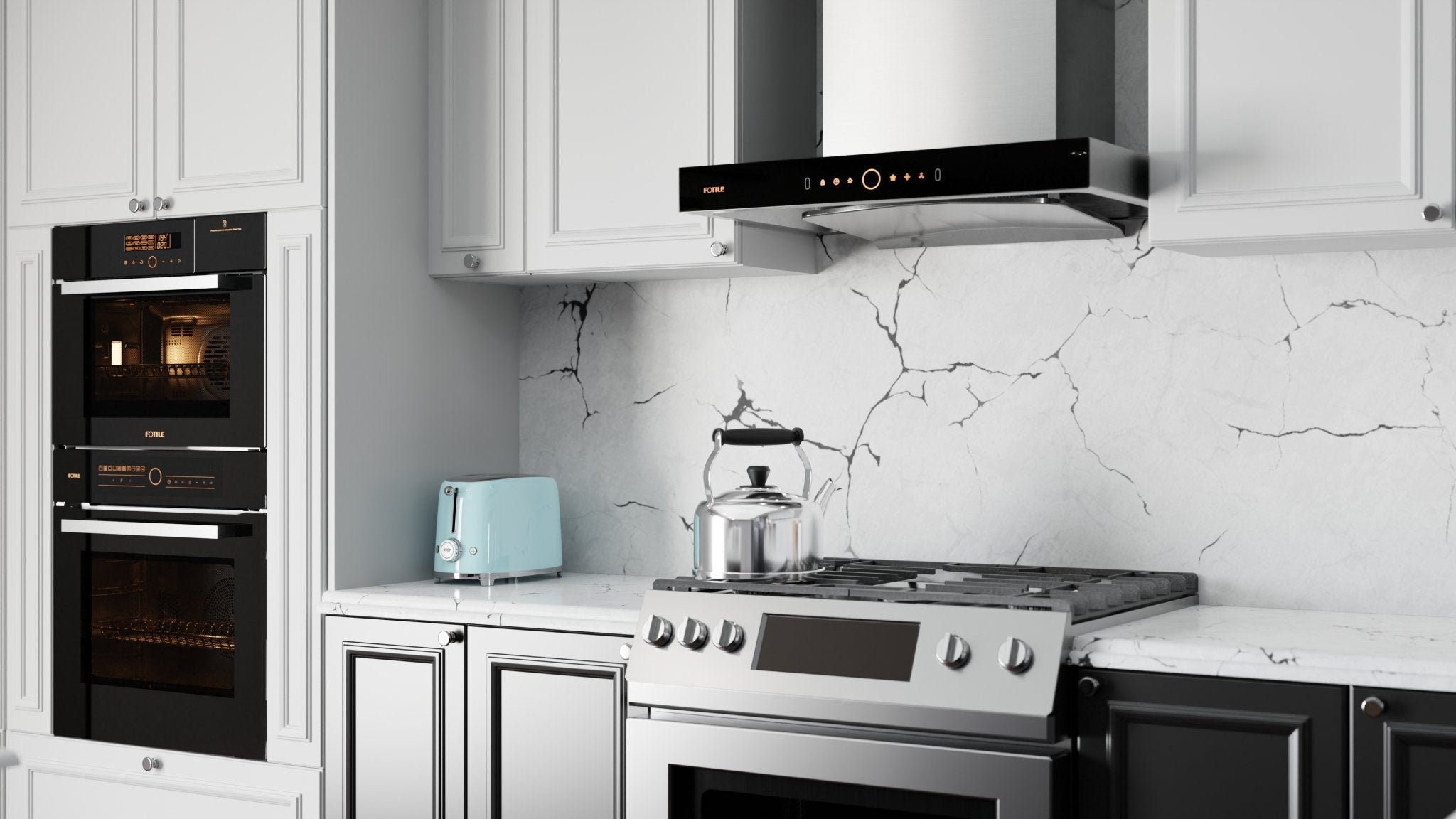 Stainless wall mount range hood above cooktop with black front control panel
